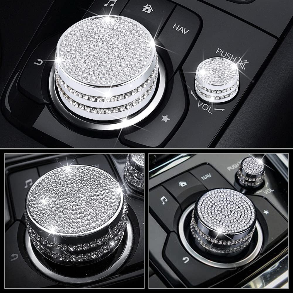 Car Interior Bling Accessories for 3 CX-3 MX-5 CX3 MX5 Miata Volume Media Multimedia Knobs Decals Stickers Covers Cap Parts Decoration Trim Men Women Zinc Alloy Crystal Silver Pack of 2 - Delicate Leather