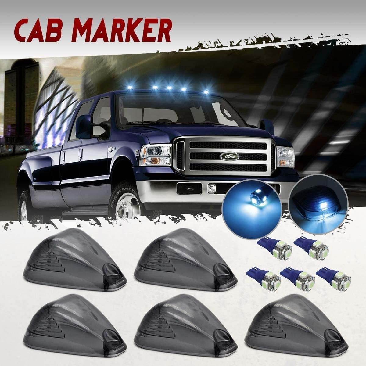5Pcs Cab Marker Light Smoke Cover Red LED, Cab Roof Running Light, Top Marker Light Compatible with 1999-2016 Ford F150 F250 F350 F450 F550 F650 F750 E150 E250 E350 E450 Super Duty Pickup Trucks - Delicate Leather