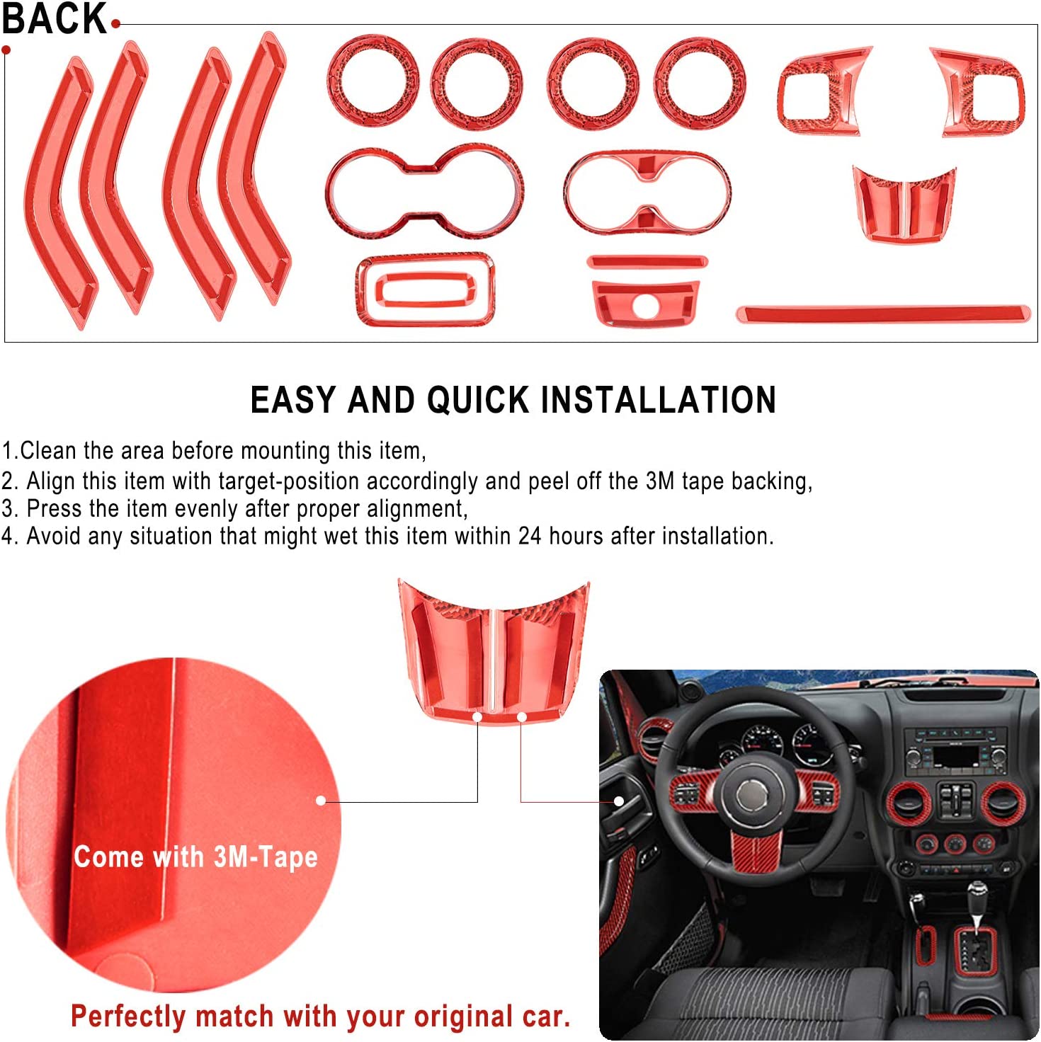 Interior Decoration Trim Kit Steering Wheel & Center Console Air Outlet Trim, Door Handle Cover Inner fits for 2011-18 Jeep Wrangler JK JKU - Delicate Leather