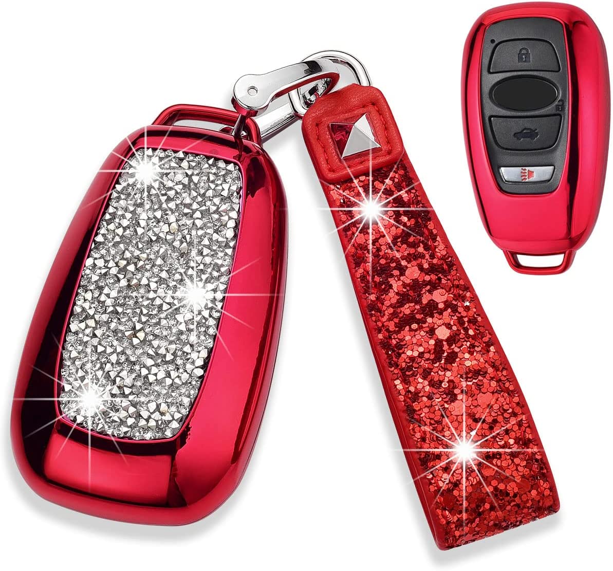 3 4 Buttons 3D Bling Diamond Fashion Smart Remote Key Fob Case Cover Compatible with Subaru Outback Forester Crosstrek Ascent BRZ WRX Legacy Impreza STI with Bling Keychain - Delicate Leather