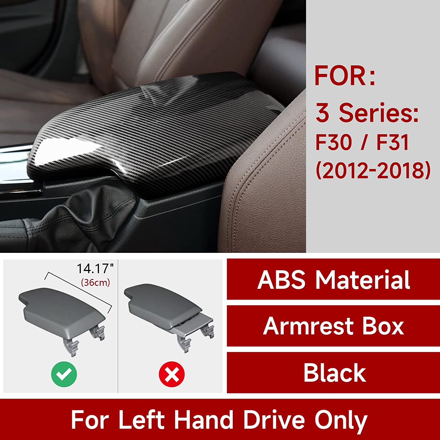 Car Armrest Cover Lid Storage Box Sticker Carbon Color ABS Decal Trim fits for F30 2012 2013 2014 2015 2016 2017 2018 2019 - Delicate Leather