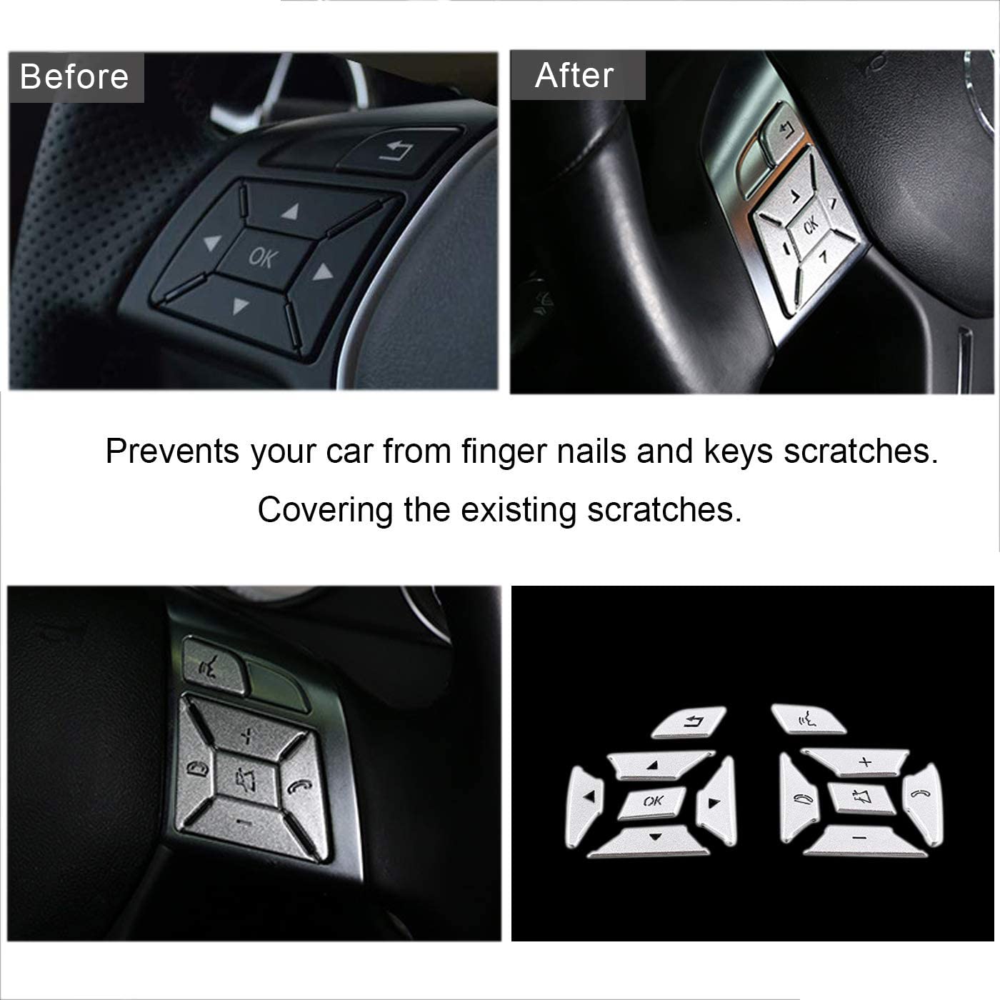Car Steering Wheel Button Trim Cover Aluminum Alloy Decoration Stickers Compatible with ML GL GLK GLA CLA CLS SL A B C E G Class Interior Accessories (12pcs) - Delicate Leather