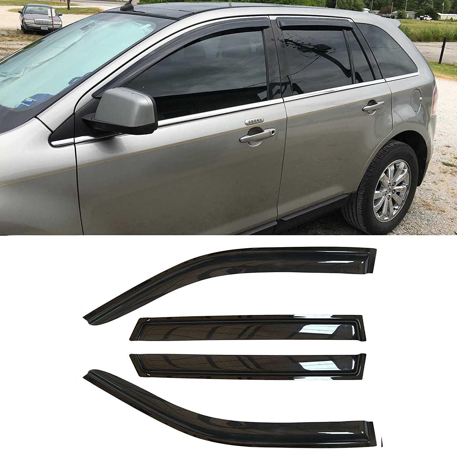 Original Side Window Wind Deflector, 4pcs Out-Channel Tape-On Dark Smoke Rain Guards Set, Vent Visor Compatible with 2007-2014 Ford Edge 2007-2014 Lincoln MKX 94141 - Delicate Leather