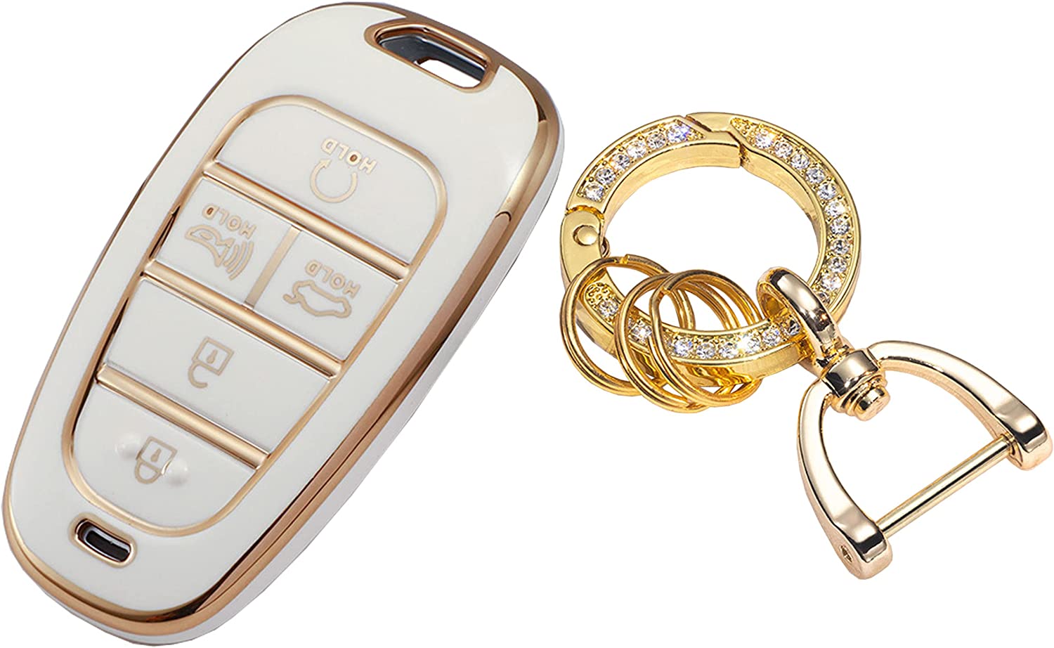 Hyundai Key Fob Cover Gold Keychain TPU Key Fob Shell Fit for Hyundai Sonata Santa fe Tucson (5 Buttons-White) - Delicate Leather