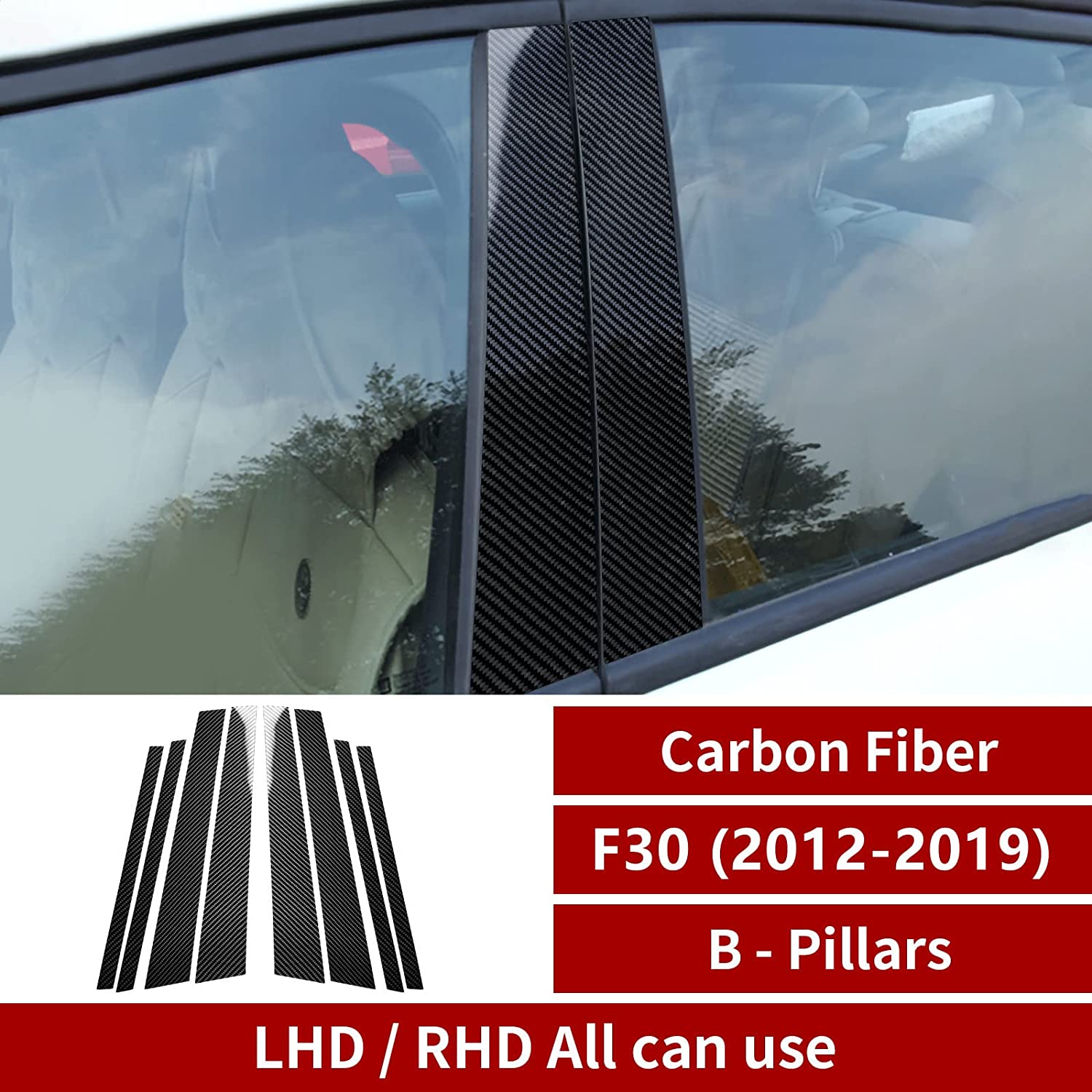 6PCS Car Window Molding Trim B-Pillars Sticker Carbon Fiber Decals fits for F30 2012 2013 2014 2015 2016 2017 2018 2019 Accessories -- ONLY for F30 - Delicate Leather