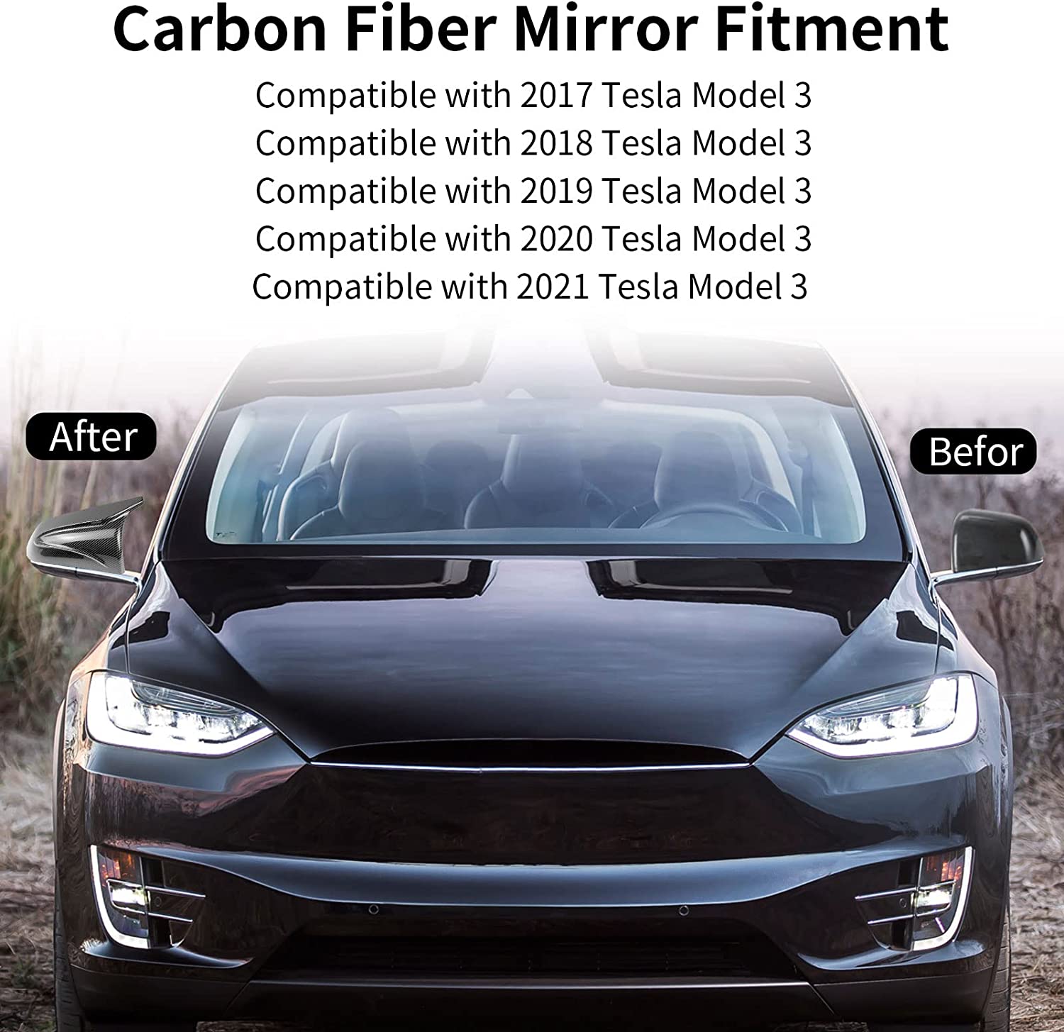 2 PCS Rearview Mirror Cover Cap Compatible with Tesla Model 3 Side Mirror Covers for Car Replacement Carbon Fiber Mirror Cover 2017—2021 and Car Open Pry Tool Accessories - Delicate Leather