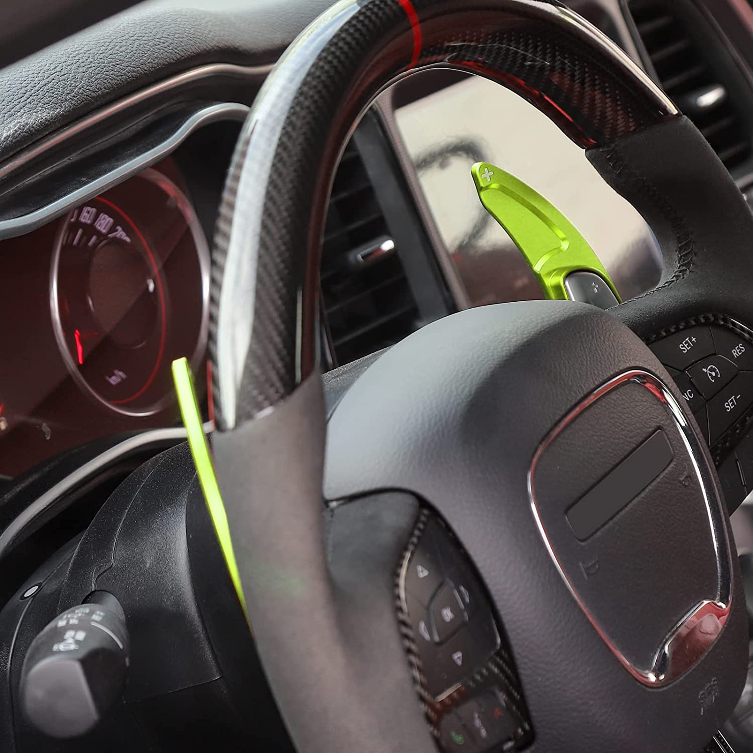 2PCS Wheel Shift Paddle Extended Shifter Trim Cover Compatible with Challenger Charger Durango RT & Scat Pack 2015-2022, Compatible with Grand Cherokee 2014-2022 Interior Decoration Accessories (Green) - Delicate Leather