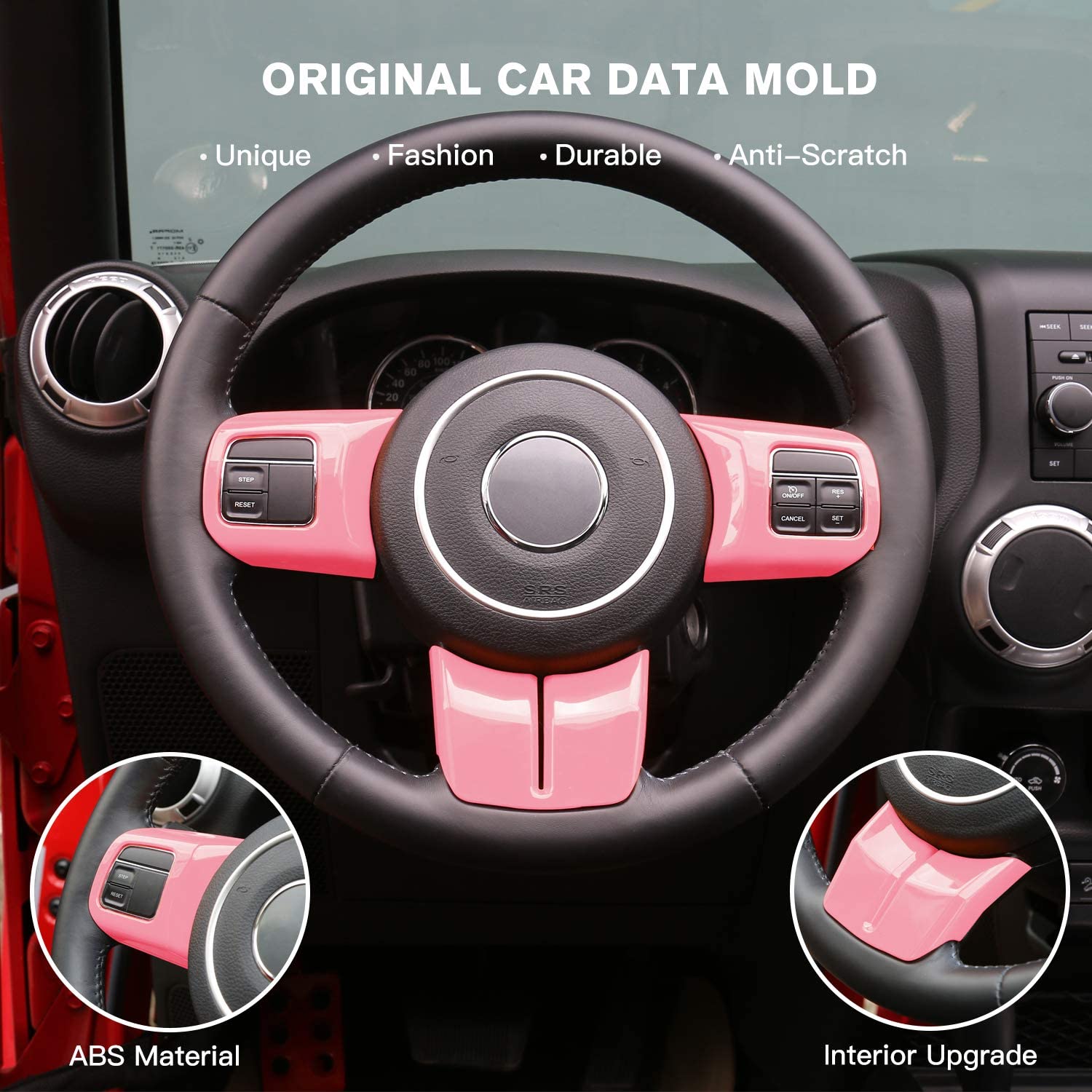 Interior Steering Wheel Decoration Trim Kits for 2011-2018 Jeep Wrangler JK/2011-2013 Grand Cherokee/2011-2016 Jeep Compass & Patriot, Pink - Delicate Leather