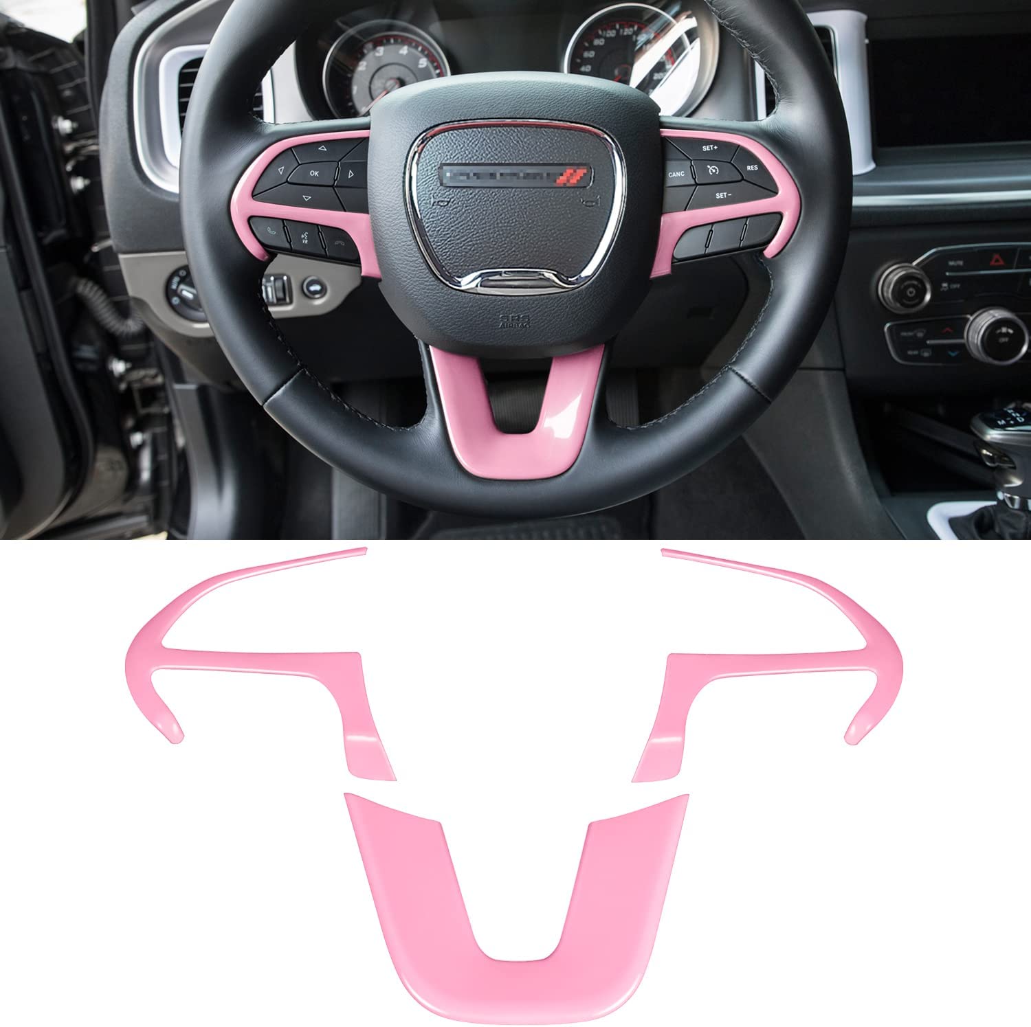 Steering Wheel Cover Trim Interior Accessories Decoration Kit for 2015-2021 Challenger Charger, for 2014-2021 Durango & Grand Cherokee SRT8 (Pink 3PCS) - Delicate Leather