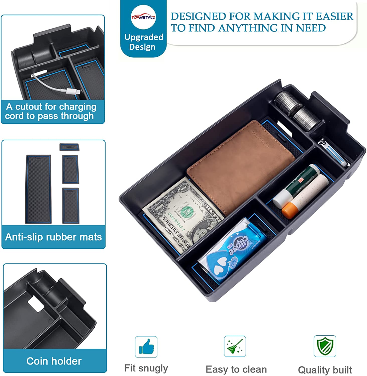 Center Console Organizer Sport 2021 2022 Accessories, Long Compartment Armrest Box Storage Tray Coin Container - Delicate Leather