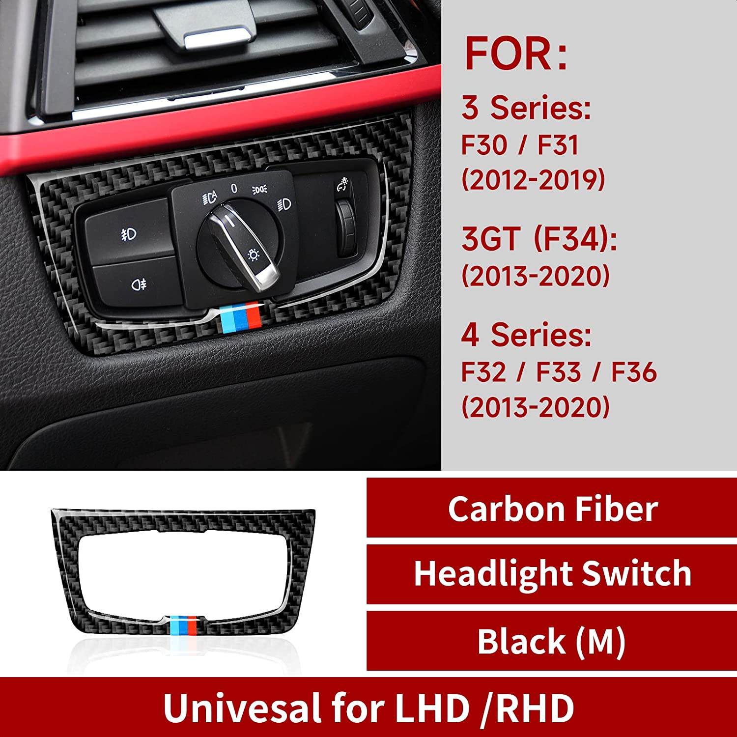 Car Headlight Switch Sticker Decal Carbon Fiber Trim Cover fits for F30 F31 F34 3GT F32 F33 F36 2012 2013 2014 2015 2016 2017 2018 2019 Accessories - Delicate Leather