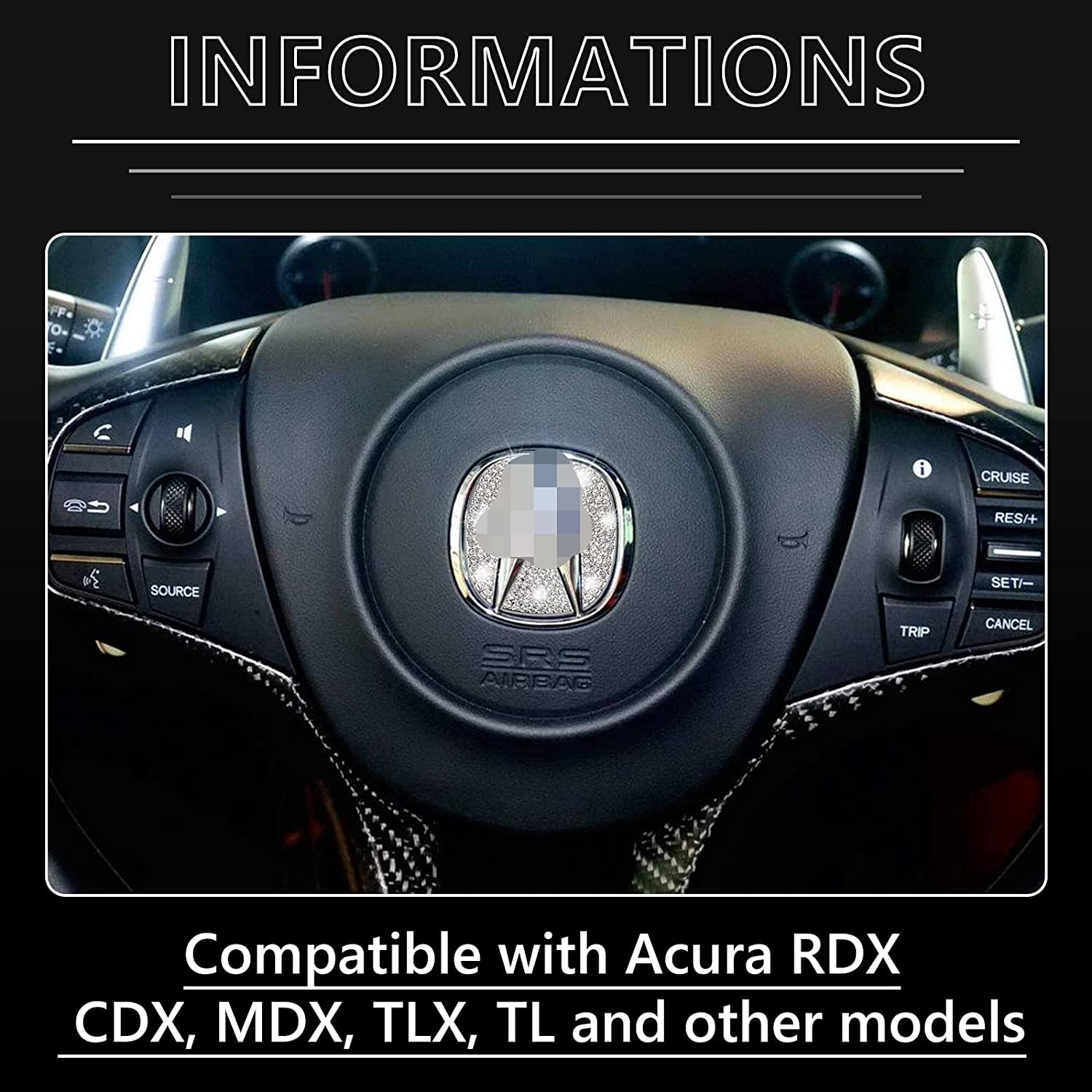 Bling Steering Wheel Accessories Compatible with Accessories Bling MDX RDX TLX TL CDX ZDX Interior Decoration Women 3D Rhinestone Decals Cover ,with 2 Anti Slip Silicone Car Coasters - Delicate Leather