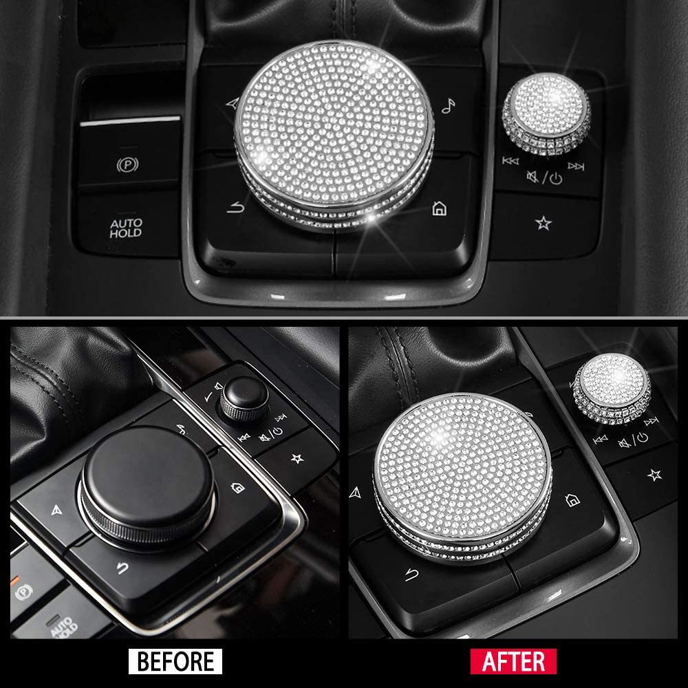 Bling Accessories 3 CX-30 CX30 Volume Media Multimedia Knobs Decals Stickers Covers Cap Car Interior Parts Decoration Men Women Zinc Alloy Rhinestone Silver 2 Pack - Delicate Leather