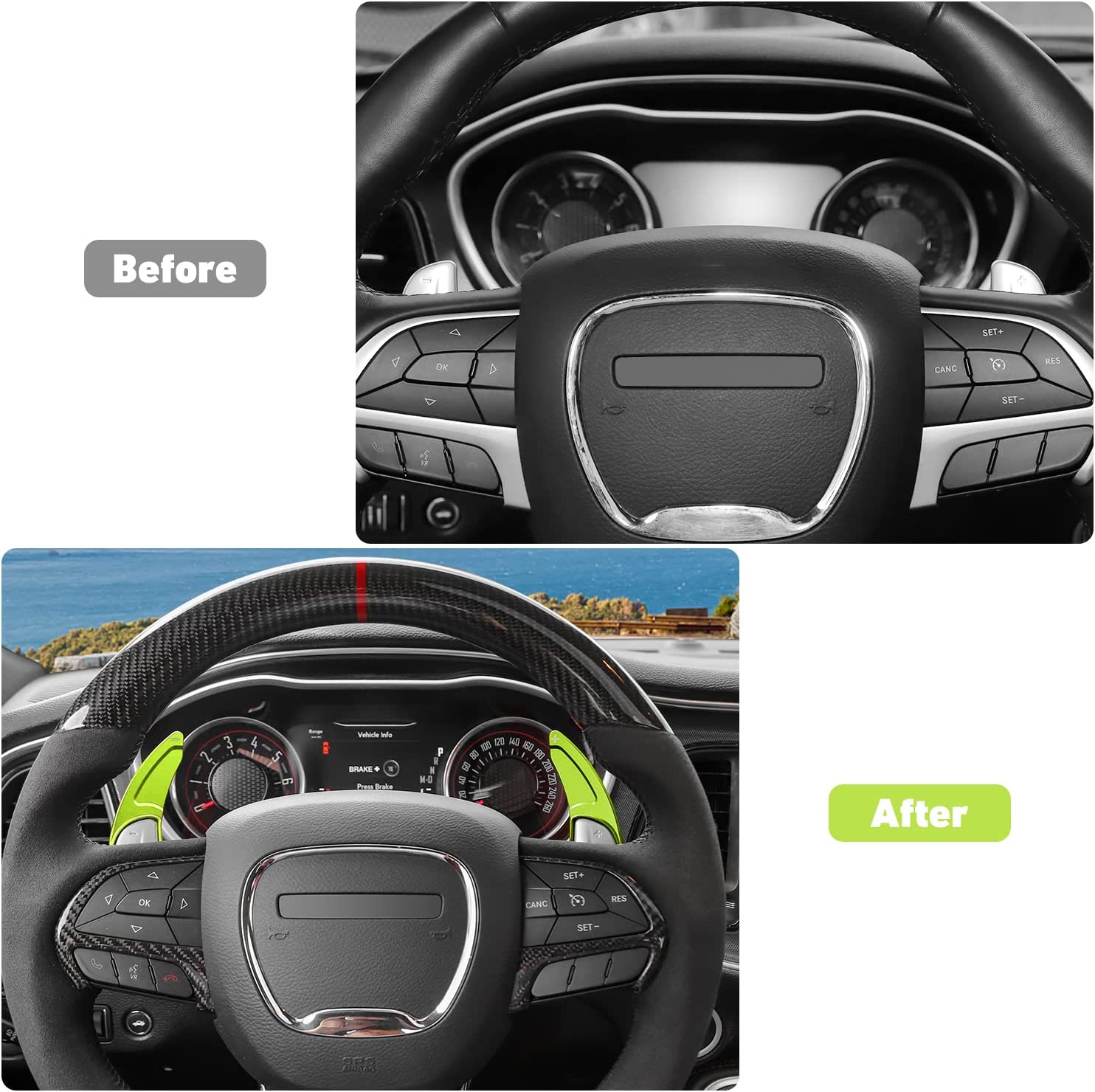 2PCS Wheel Shift Paddle Extended Shifter Trim Cover Compatible with Challenger Charger Durango RT & Scat Pack 2015-2022, Compatible with Grand Cherokee 2014-2022 Interior Decoration Accessories (Green) - Delicate Leather