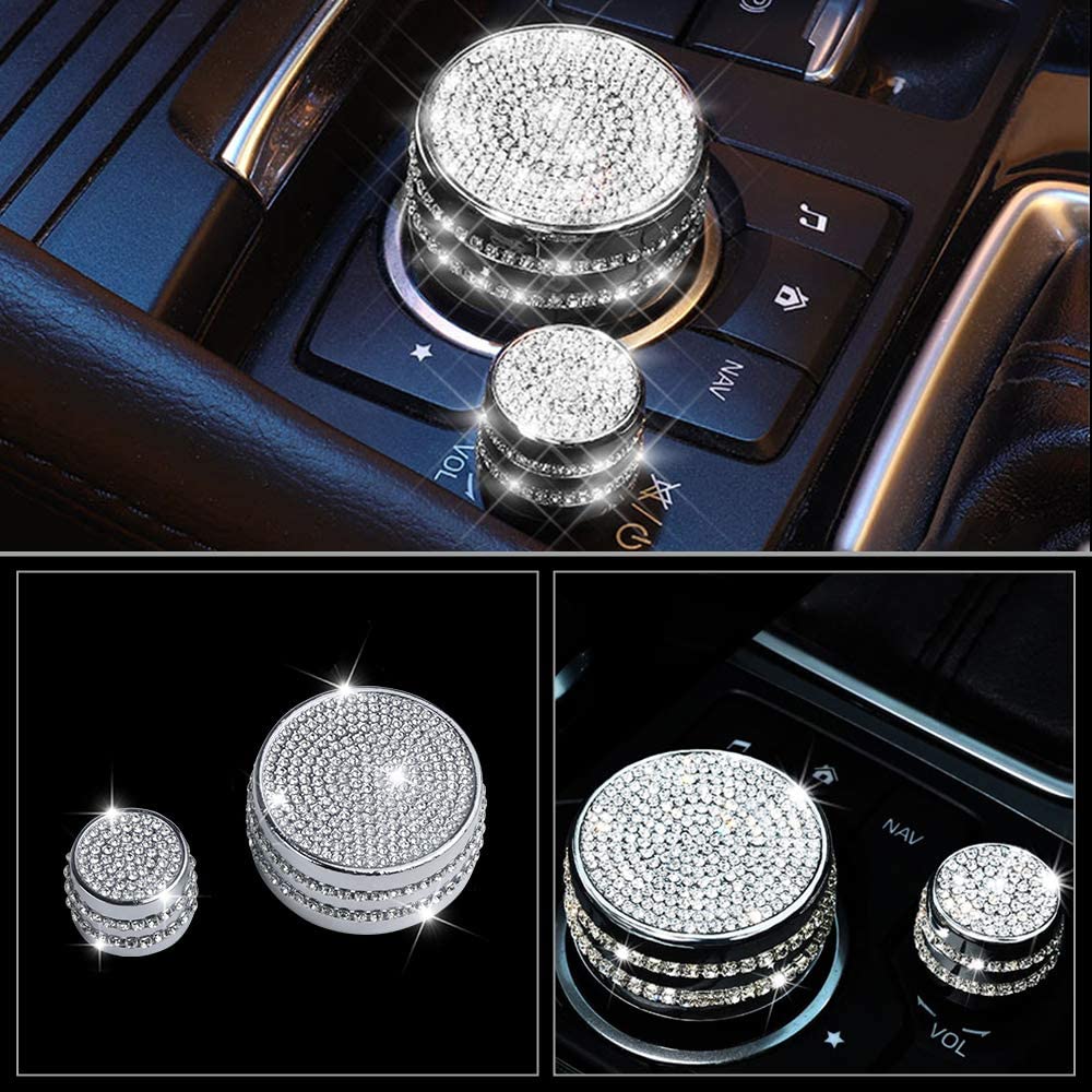 Car Interior Bling Accessories for 3 6 CX-3 CX-5 CX-9 CX3 CX5 CX9 Volume Media Multimedia Knobs Decals Stickers Covers Cap Parts Decoration Men Women Zinc Alloy Crystal Silver Pack of 2 - Delicate Leather
