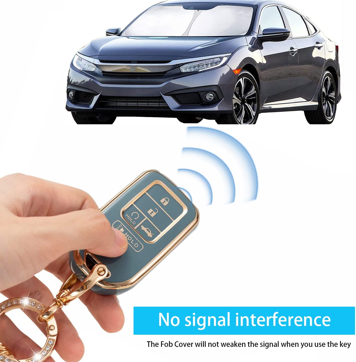 Honda Key Fob Cover Soft 4 5 Buttons TPU Protection Key Case Shell with Fashion Gold Bling Keychain Compatible with Civic Accord Pilot CRV HRV CRZ Fit Odyssey Ridgeline JED Crosstour - Delicate Leather