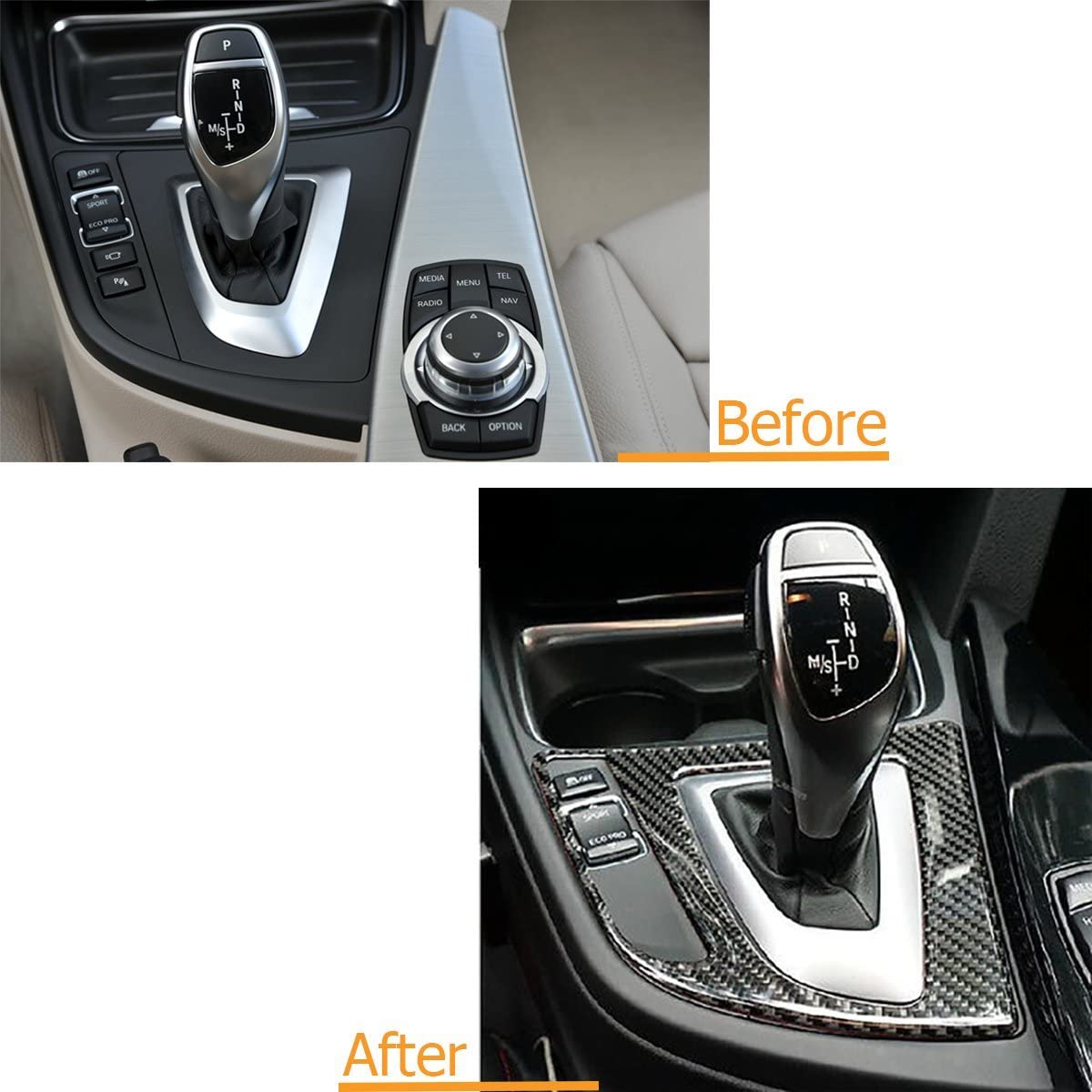 Gear Shift Box Panel Cover Trim, Real Carbon Fiber, Compatible with BMW 3 Series F30 F31 2012-2018, GT F34 2014-2018, 4 Series F32 F33 F36 2014-2019 - Delicate Leather