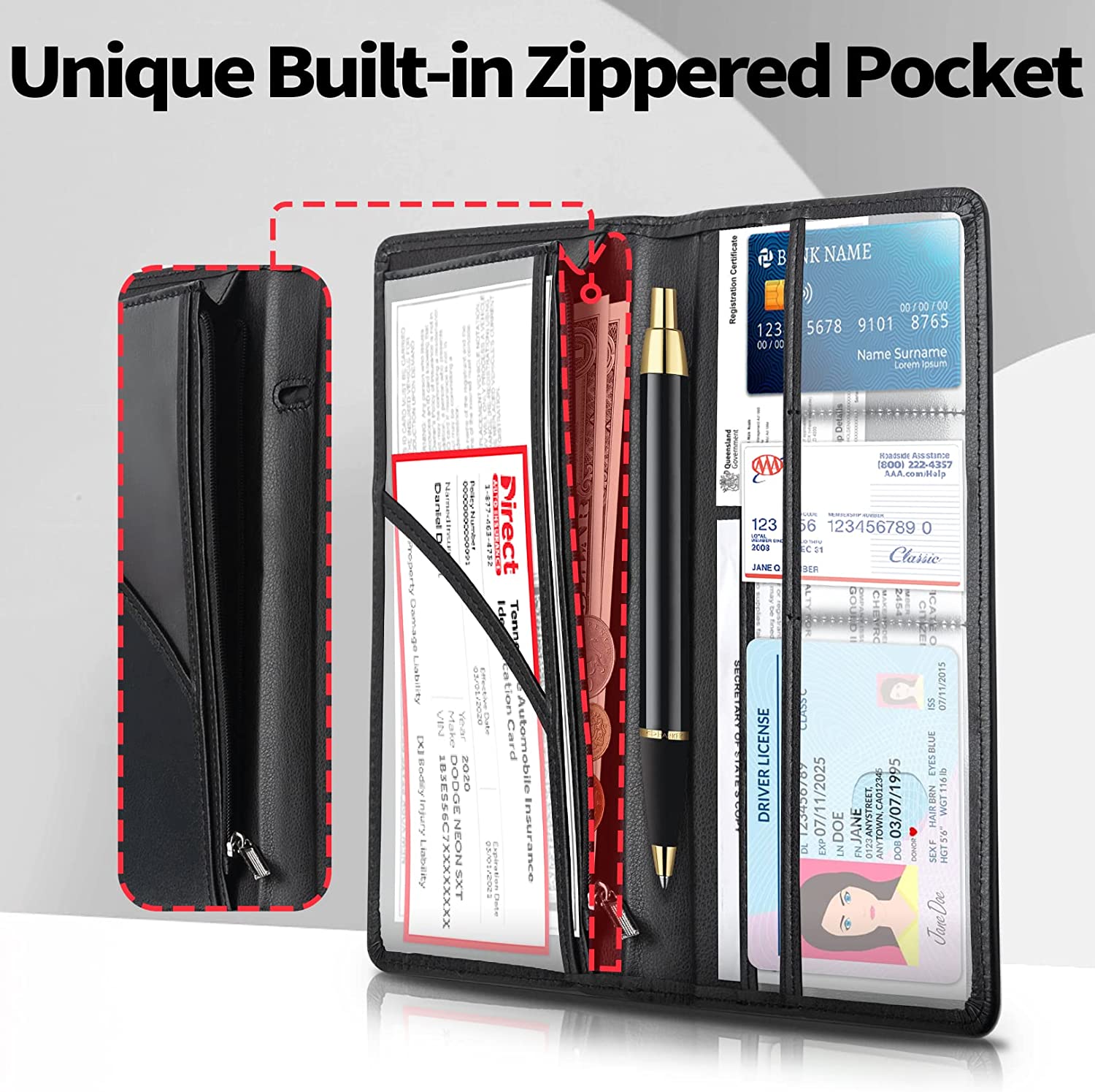 Car Registration and Insurance Holder with Inner Expandable Zipper Pouch, PU Car Document Holder, Elastic Closure Glove Box Document Holder for License, Car card and Essential Auto Documents, Custom For Cars - Delicate Leather