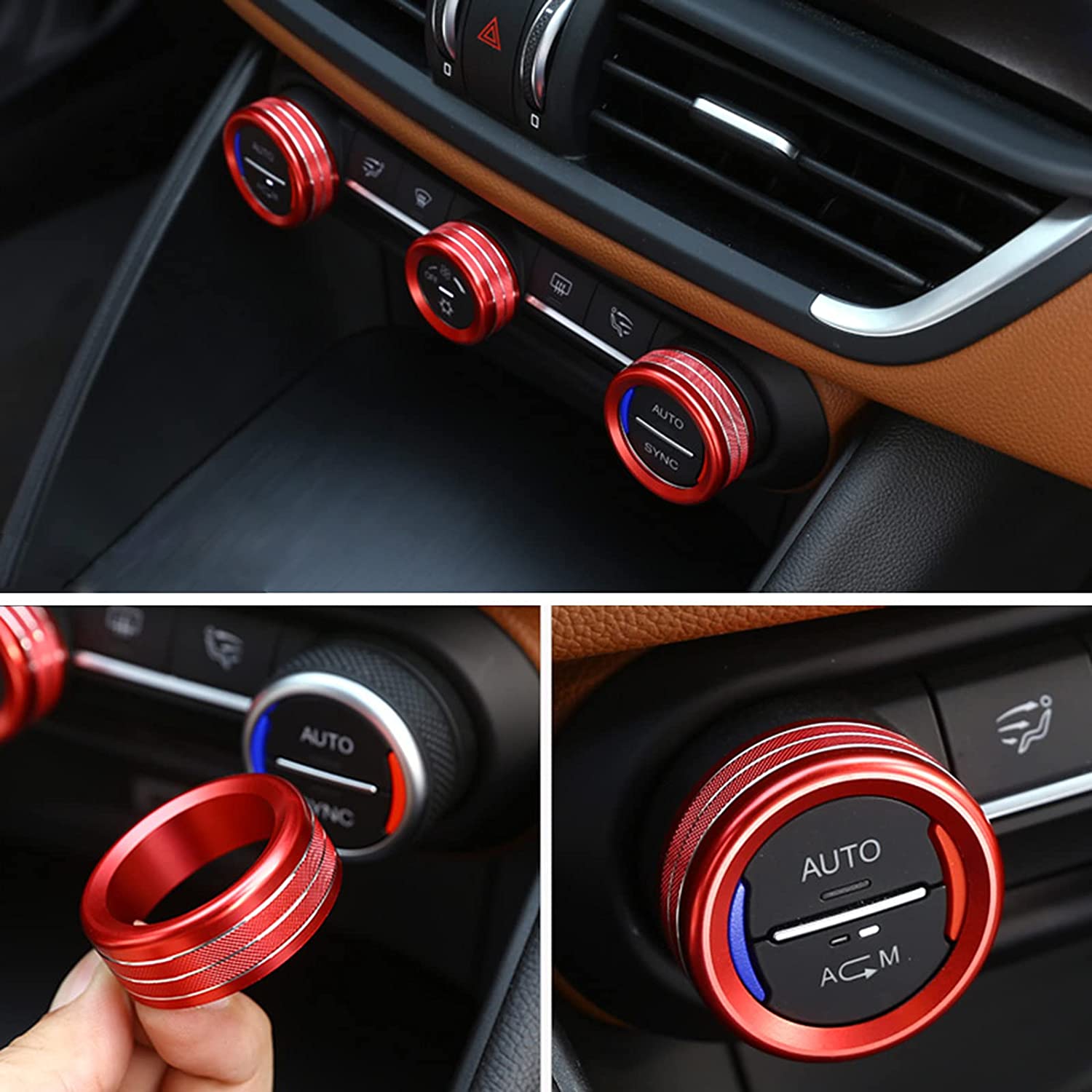 3PCS Car AC Knob Trim Air Conditioner Audio Cover Rotary Decoration Ring Sticker Decal Compatible with Giulia Stelvio 2017 2018 2019 Car Accessories - Delicate Leather