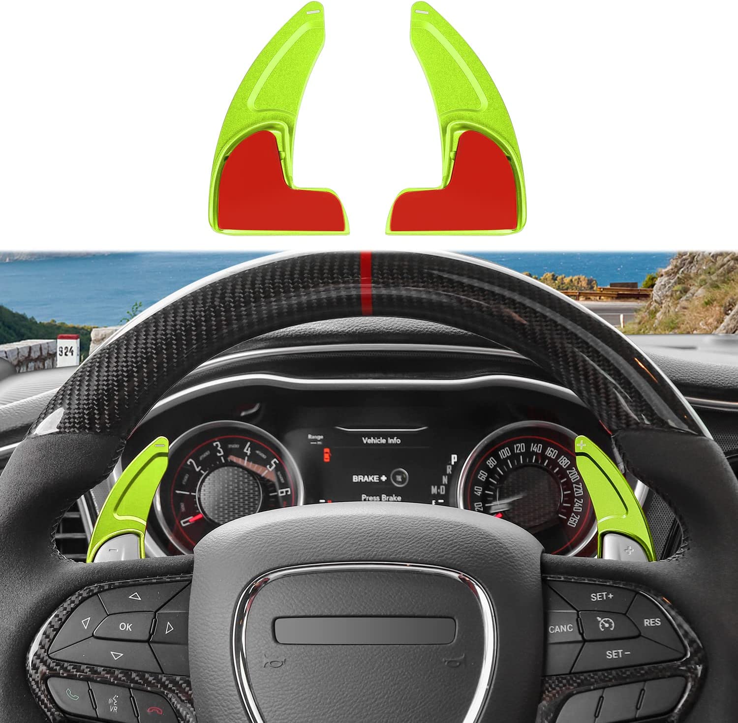 2PCS Wheel Shift Paddle Extended Shifter Trim Cover Compatible with Challenger Charger Durango RT & Scat Pack 2015-2022, Compatible with Grand Cherokee 2014-2022 Interior Decoration Accessories (Green) - Delicate Leather