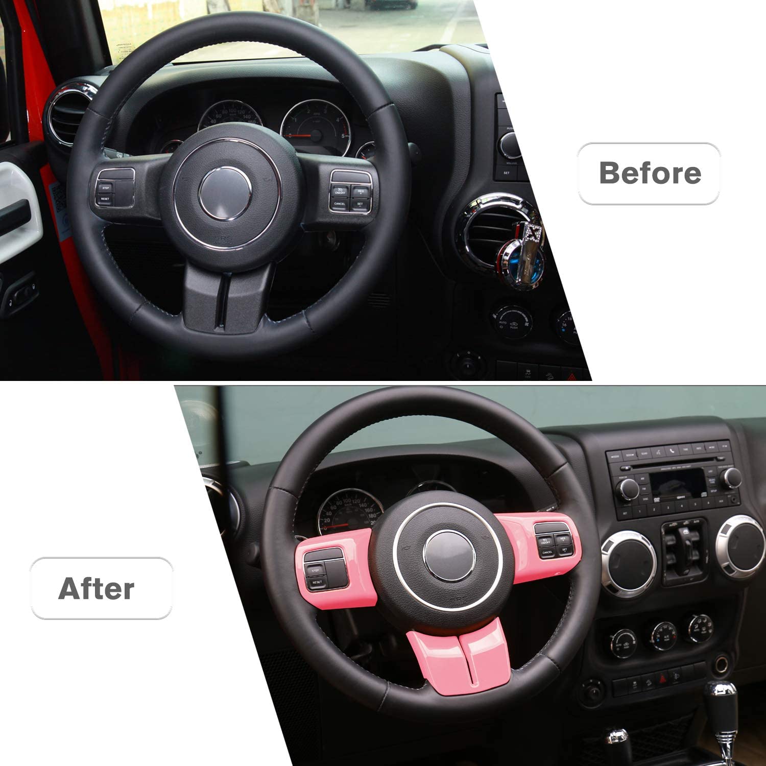 Interior Steering Wheel Decoration Trim Kits for 2011-2018 Jeep Wrangler JK/2011-2013 Grand Cherokee/2011-2016 Jeep Compass & Patriot, Pink - Delicate Leather