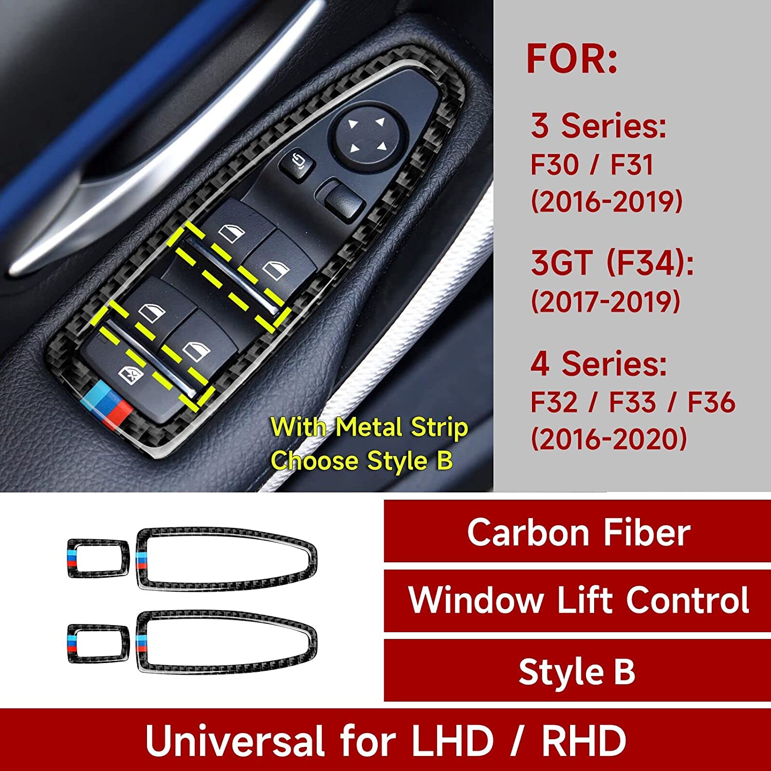 4PCS Car Window Lift Switch Cover Carbon Fiber Sticker Decal Interior Trim fits for Accessories (Style B) -- ONLY for F30 (2016- 2019) , F32 F34 (2017- 2019)… - Delicate Leather