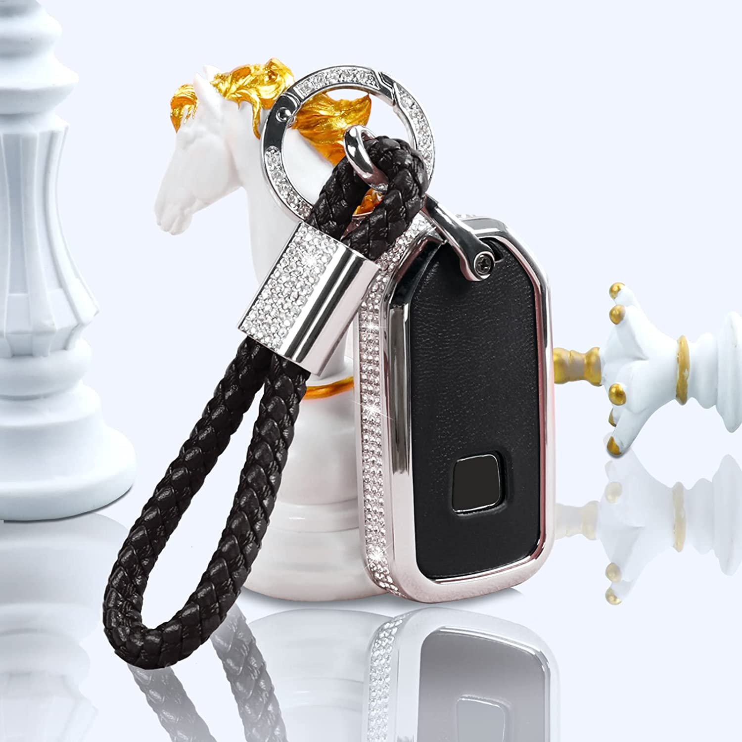 Honda Key Fob Cover with Keychain, Crystal Rhinestones Car Replacement Case, Pink Shell Fit Accord Civic CRV Pilot HRV Odyssey Ridgeline Passport - Delicate Leather
