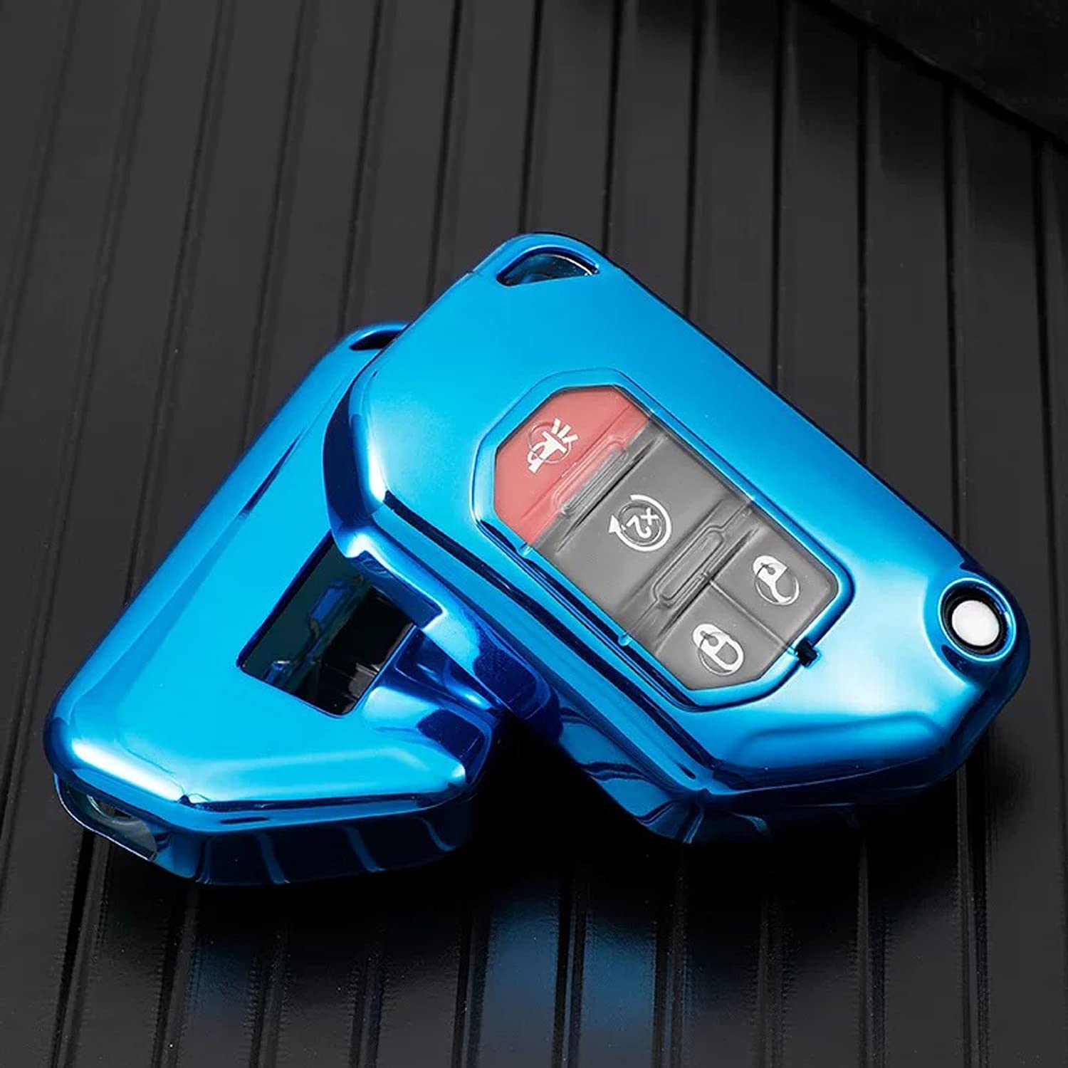 Key Fob Case Cover Holder for 2018-2023 Jeep Wrangler Gladiator, JL JLU Sahara Rubicon The Sport JT Overland Sport S, Smart Keyless Remote Accessories(2 3 4-Buttons, Blue) - Delicate Leather