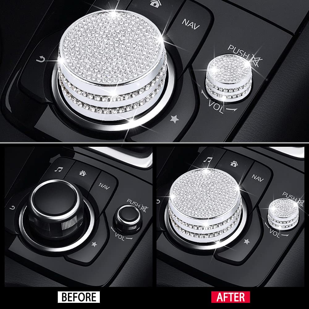 Car Interior Bling Accessories for 3 CX-3 MX-5 CX3 MX5 Miata Volume Media Multimedia Knobs Decals Stickers Covers Cap Parts Decoration Trim Men Women Zinc Alloy Crystal Silver Pack of 2 - Delicate Leather