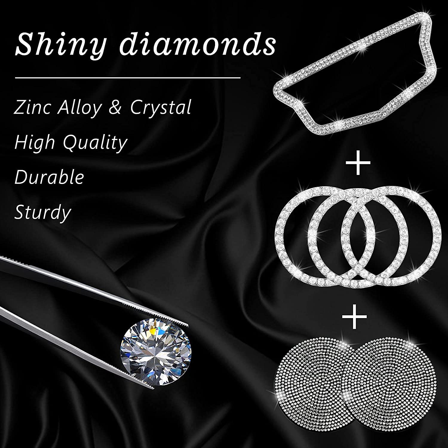 Bling Car Steering Wheel Decorative Diamond Sticker,DIY Bling Car Interior Accessories Compatible with CT4 CT5 CT6 XT4 XT5 XT6,with 2 Pack Silicone Car Coasters - Delicate Leather