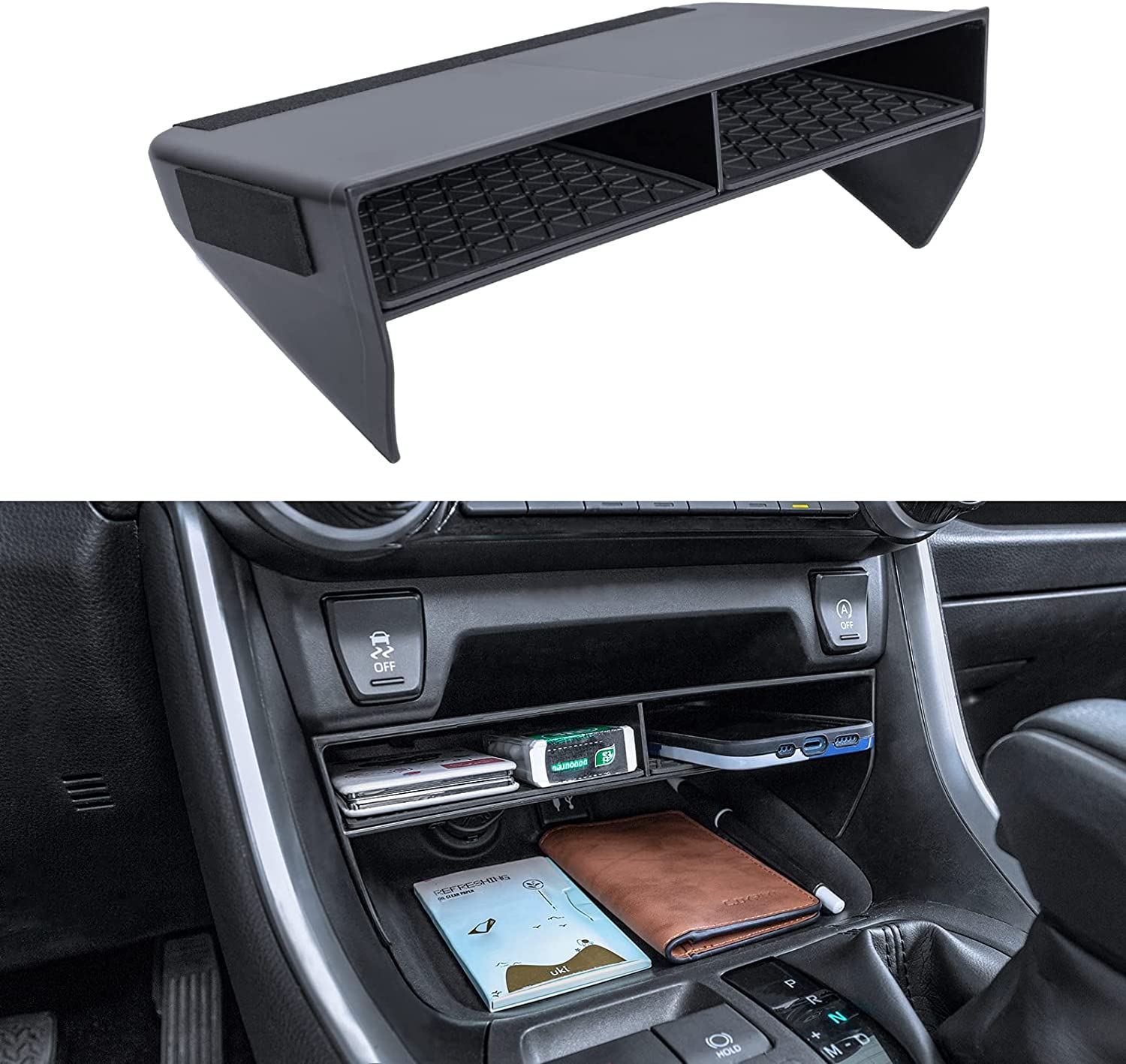 2024 Center Console Organizer Compatible with Rav4 2019-2023 Accessories, Black Insert Secondary Storage Box ABS Material Divider Phone Holder - Delicate Leather