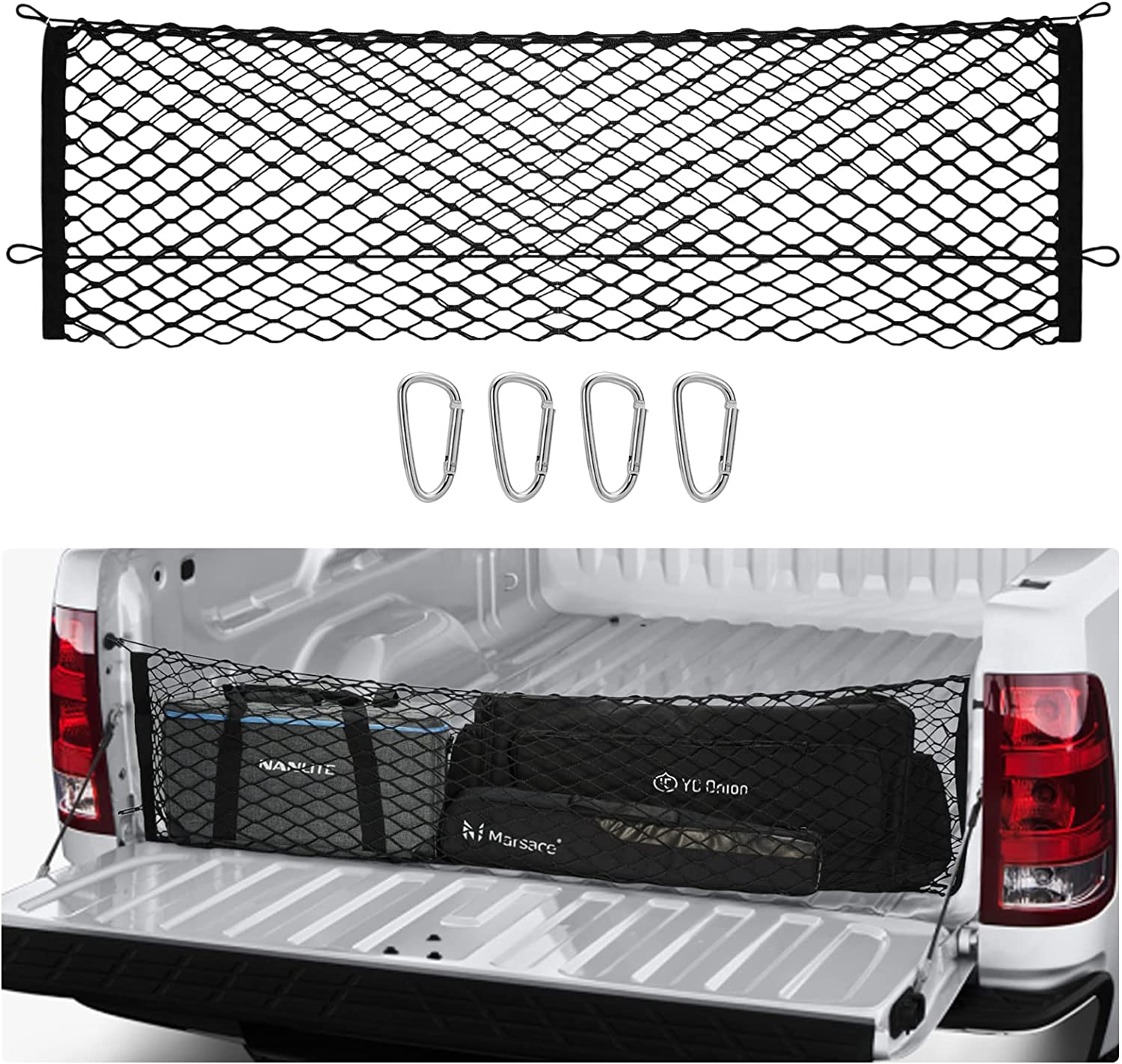 Pickup Truck Cargo Net, Envelope Style Trunk Organizers and Storage Net with 4 Metal Hooks, Fit for Silverado 2013-2022, Sierra 2013-2022 and F150 2015-2022 - Delicate Leather