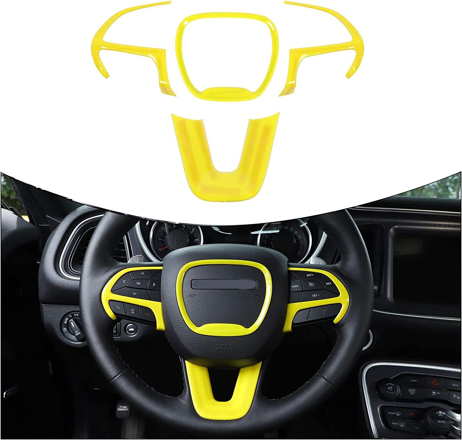 Steering Wheel Trim for 2015-2022 Challenger Charger, for 2014-2022 Dodge Durango for Grand Cherokee SRT8, ABS Yellow 4pcs - Delicate Leather