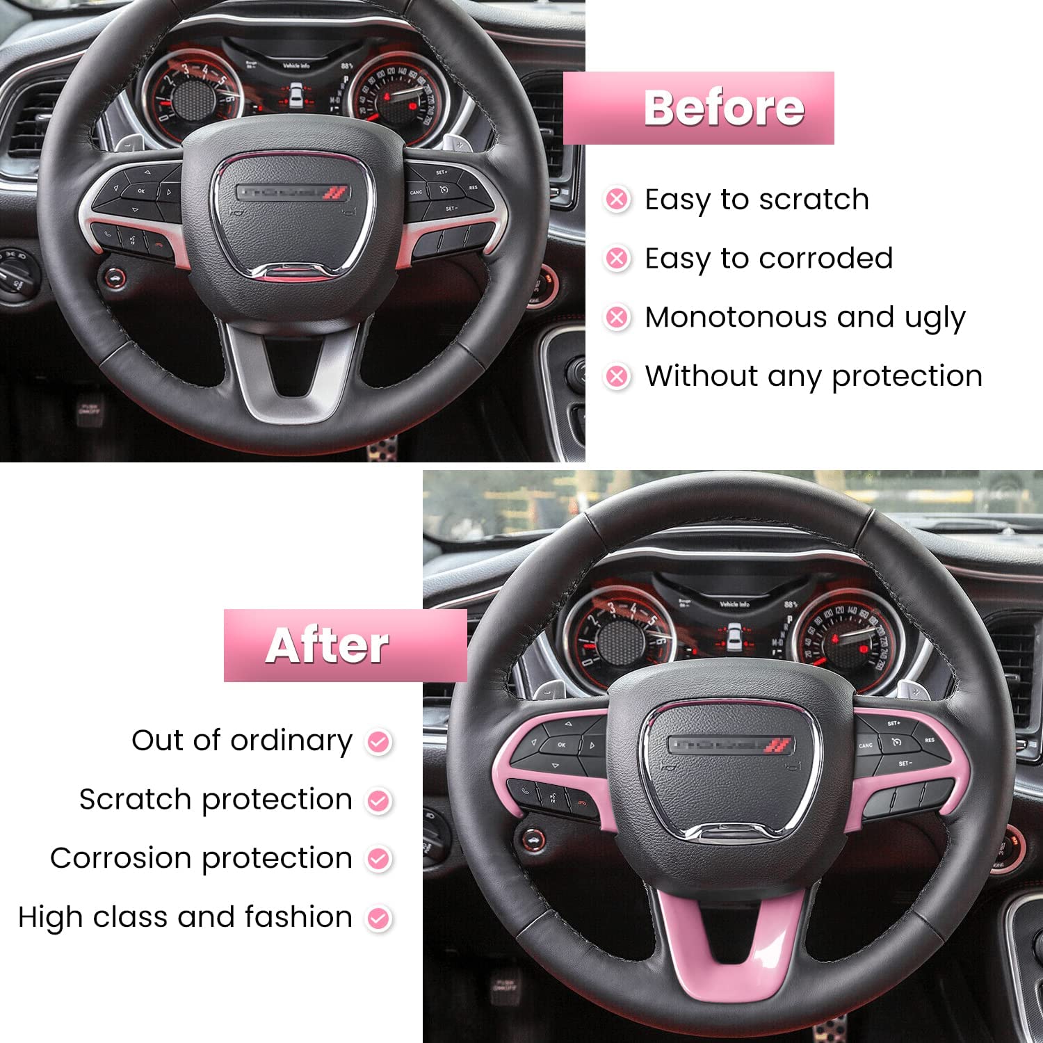 Steering Wheel Cover Trim Interior Accessories Decoration Kit for 2015-2021 Challenger Charger, for 2014-2021 Durango & Grand Cherokee SRT8 (Pink 3PCS) - Delicate Leather