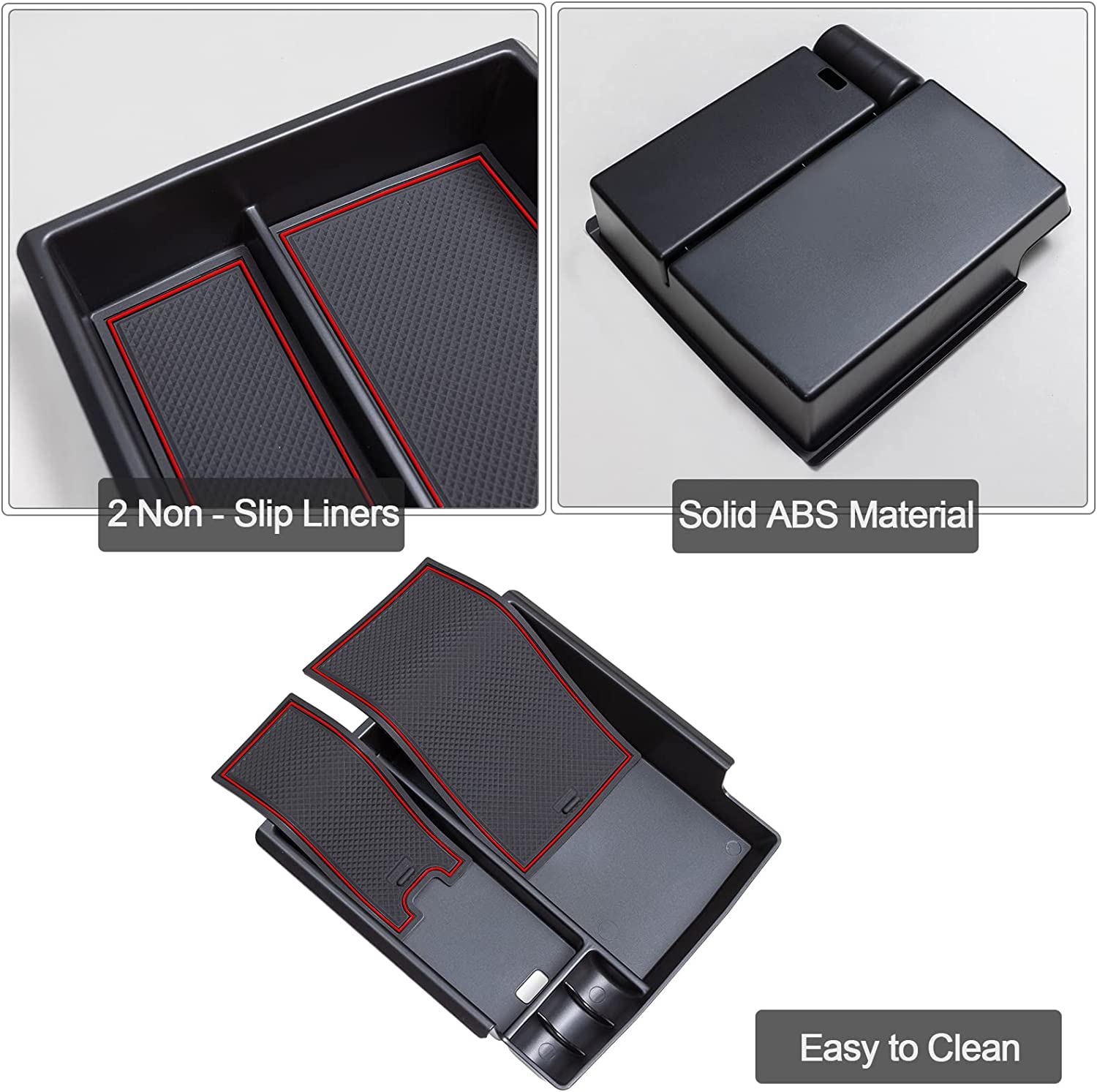 Red Center Console Tray Accessories, Full Size Armrest Storage Box Organizer ABS Plastic Black Insert (2/4 Door) - Delicate Leather