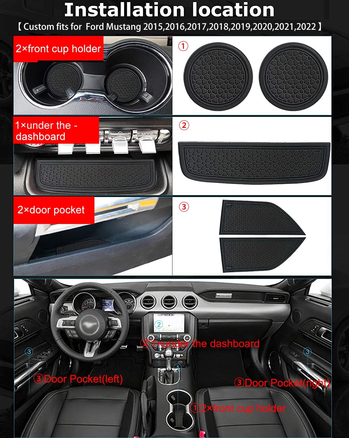 Anti Dust Mats Compatible with Mustang Accessories 2015-2022, Custom Fits Cup Holder Liners Mats Door Pocket Center Console Liners - Delicate Leather