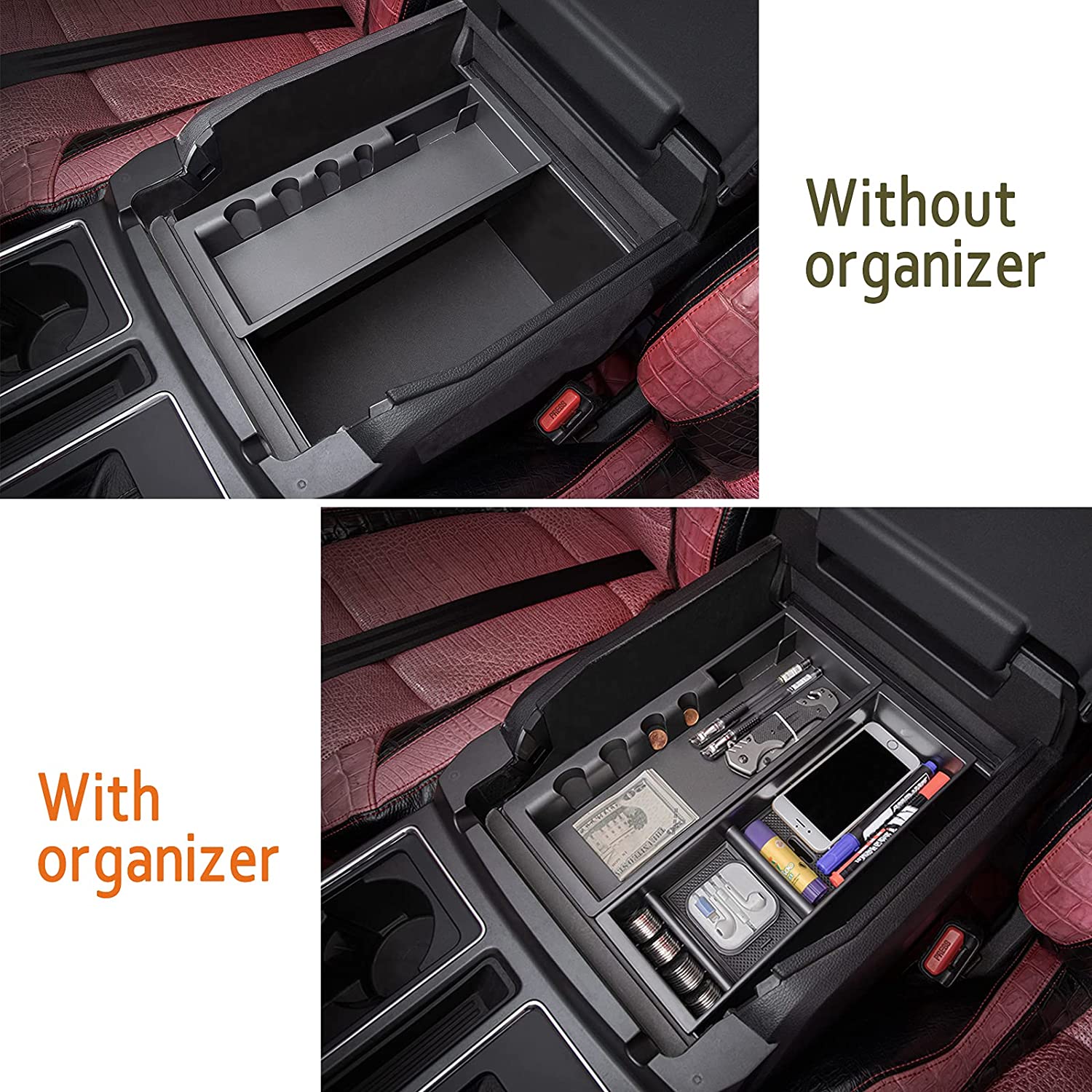 Center Console Organizer Compatible with F150 Accessories 2022 2021,Center Console Tray for F-150 Interior Accessories, Matte Black -(Full Console w/Bucket Seats ONLY) - Delicate Leather