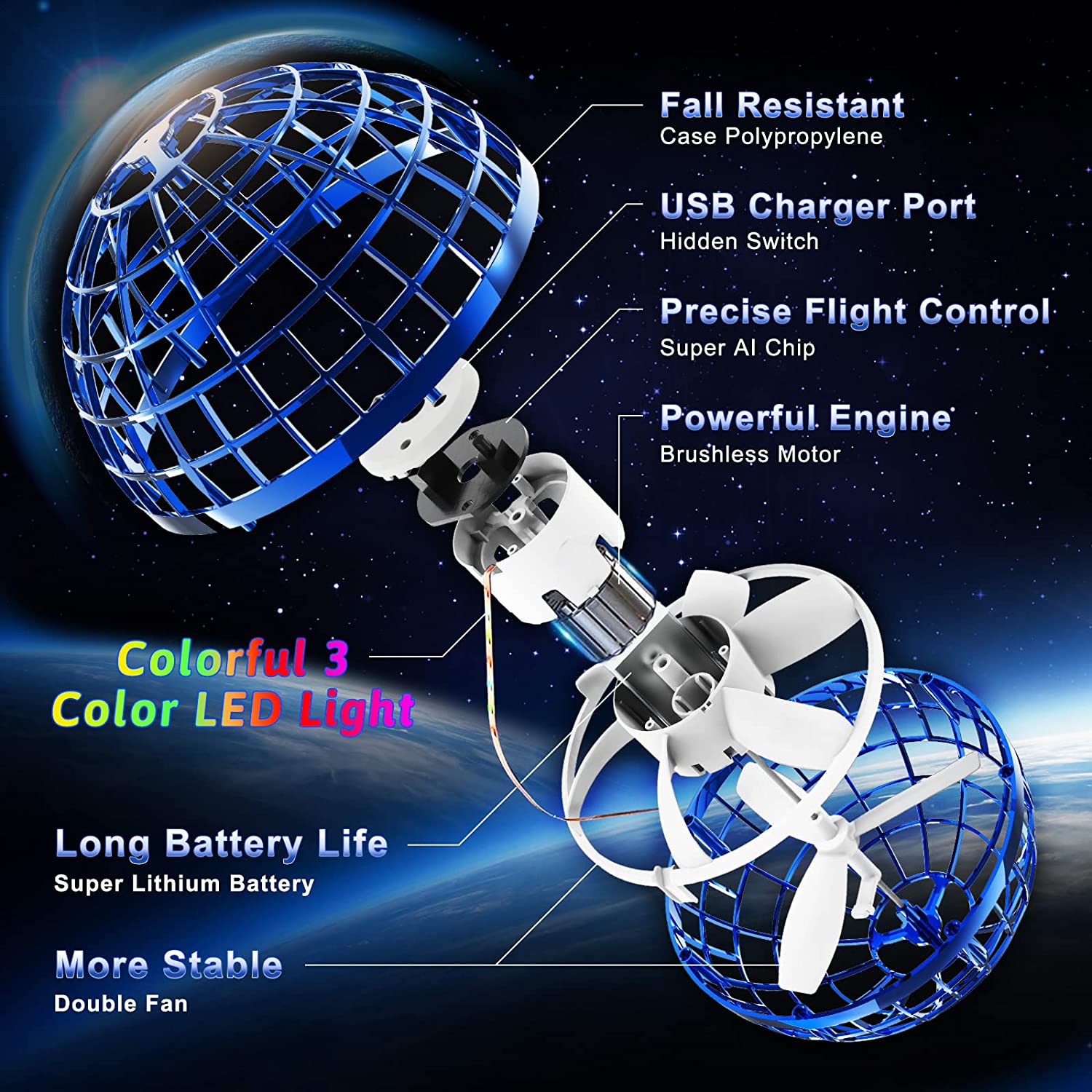 Flying Orb Ball Toys 360°Rotating Soaring Hover Orb Boomerang Spinner Magic LED Light Flying Ball Toys Hand Controlled Spinning Drone Ball Safe for Kids Adults Indoor Outdoor - Delicate Leather