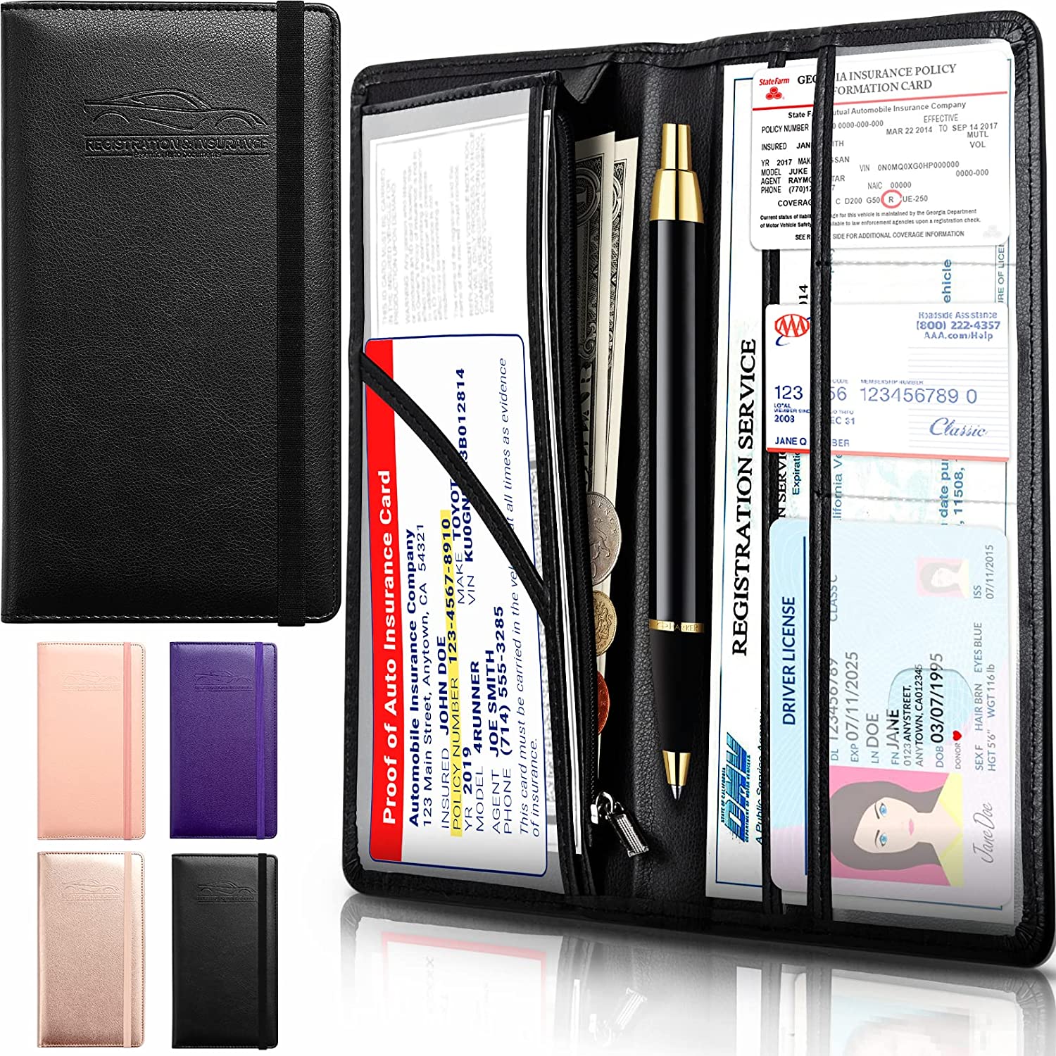 Car Registration and Insurance Holder with Inner Expandable Zipper Pouch, PU Car Document Holder, Elastic Closure Glove Box Document Holder for License, Car card and Essential Auto Documents, Custom For Cars - Delicate Leather