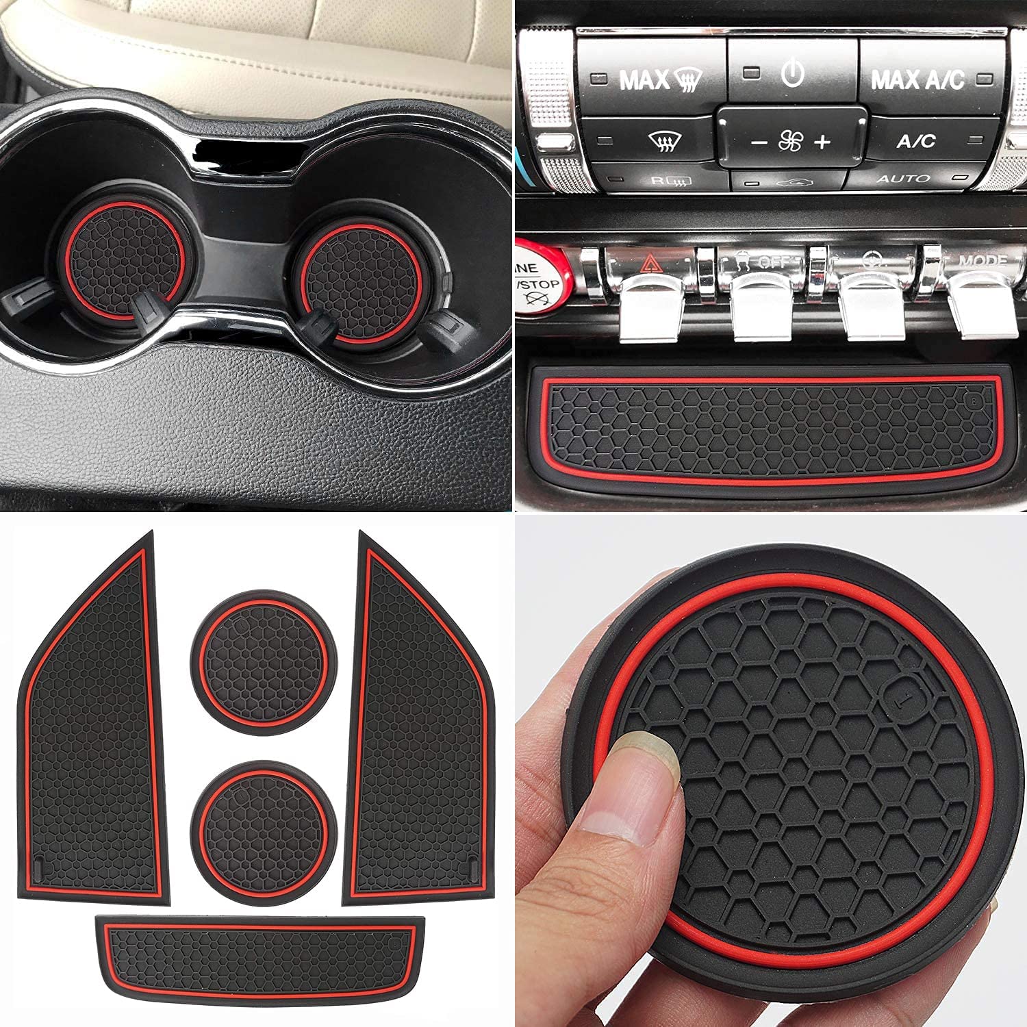 Anti Dust Mats Compatible with Mustang Accessories 2015-2022, Custom Fits Cup Holder Liners Mats Door Pocket Center Console Liners - Delicate Leather