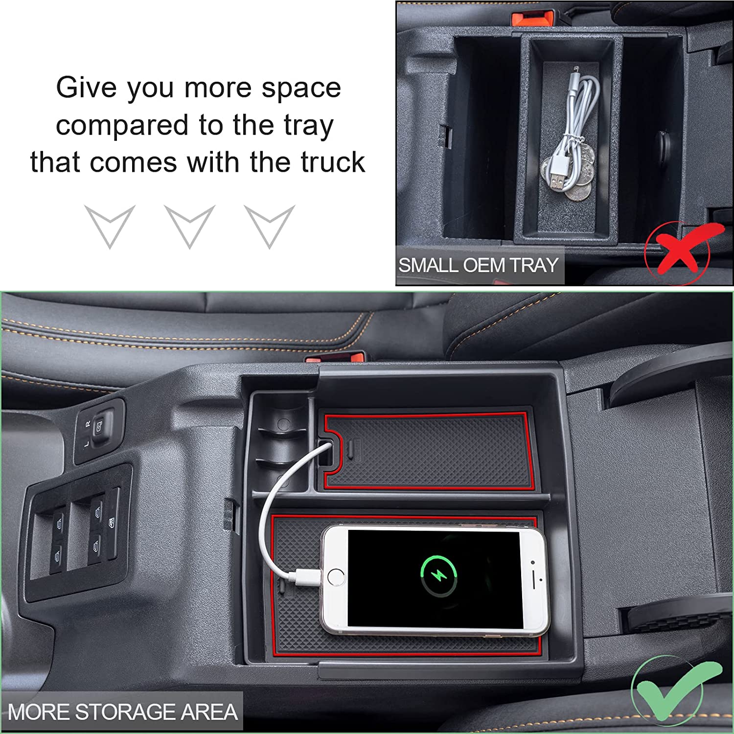 Red Center Console Tray Accessories, Full Size Armrest Storage Box Organizer ABS Plastic Black Insert (2/4 Door) - Delicate Leather