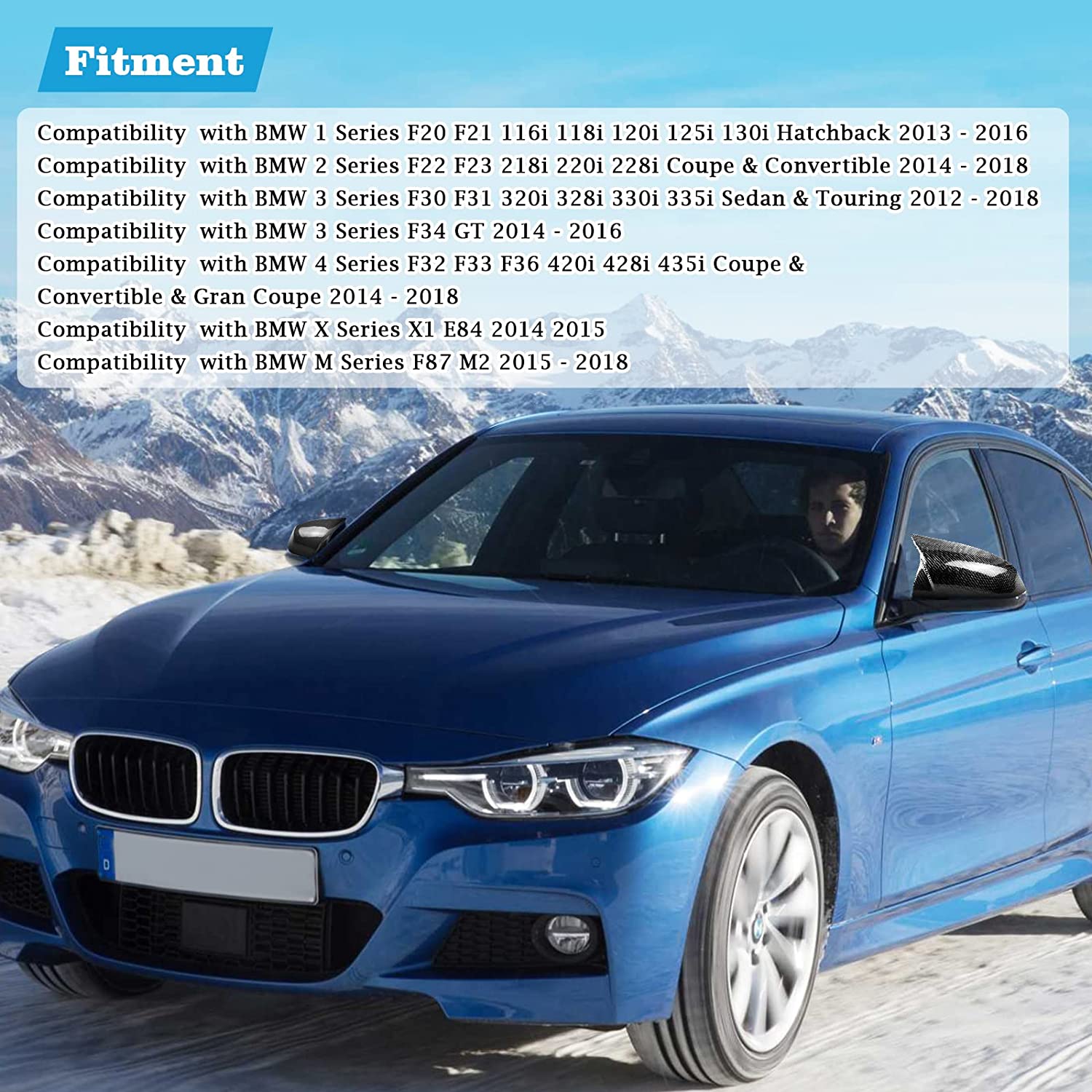 Carbon Fiber Mirror Cap Covers Replacement for F20 F22 F23 F30 F31 F32 F33 F36 F87 M2 X1 E84 Side Real Carbon Fiber Mirror Cover Caps - Delicate Leather