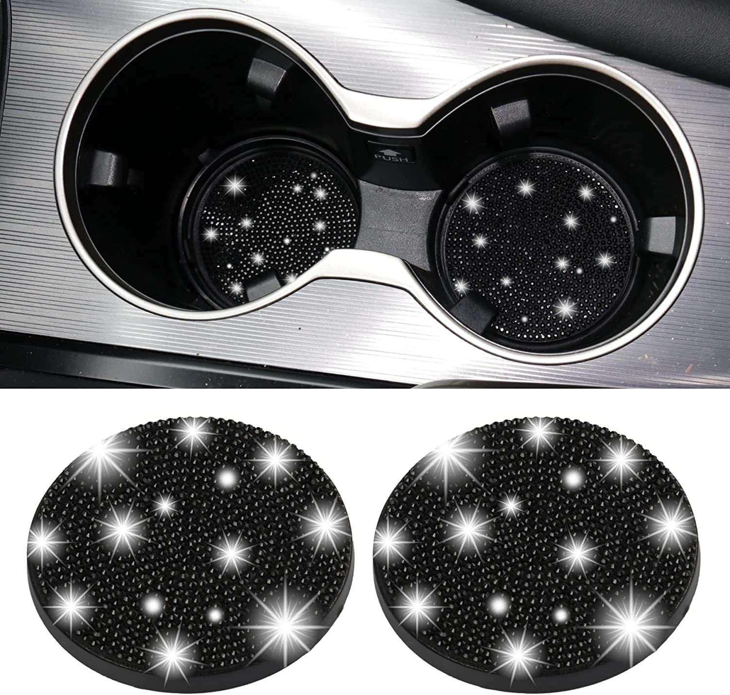 Bling Cup Holder Coasters for Car, 4PCS Universal Non-Slip Cup Holder, Embedded Decorative Coasters, Shiny Crystal Car Interior Accessories Gifts for Women - Delicate Leather