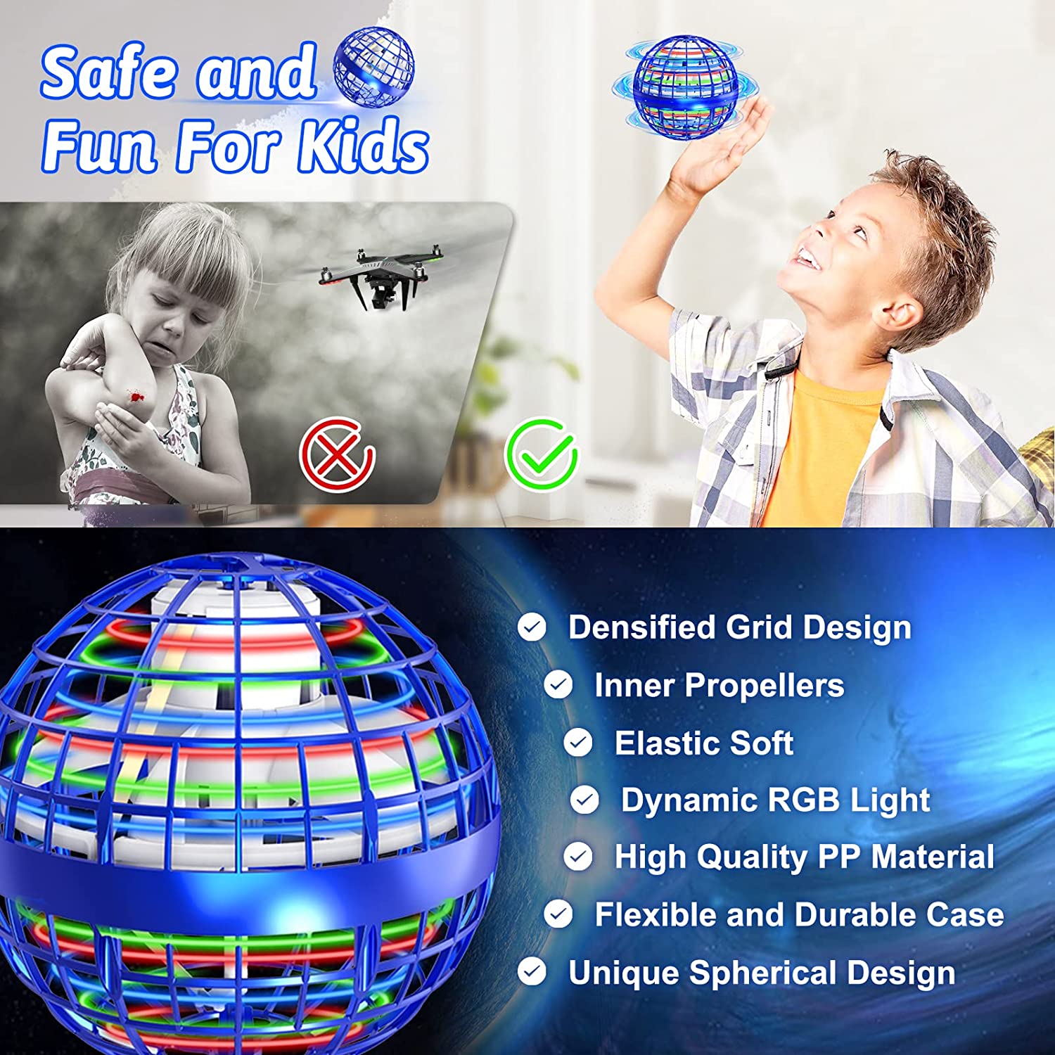 Flying Orb Ball Toys 360°Rotating Soaring Hover Orb Boomerang Spinner Magic LED Light Flying Ball Toys Hand Controlled Spinning Drone Ball Safe for Kids Adults Indoor Outdoor - Delicate Leather