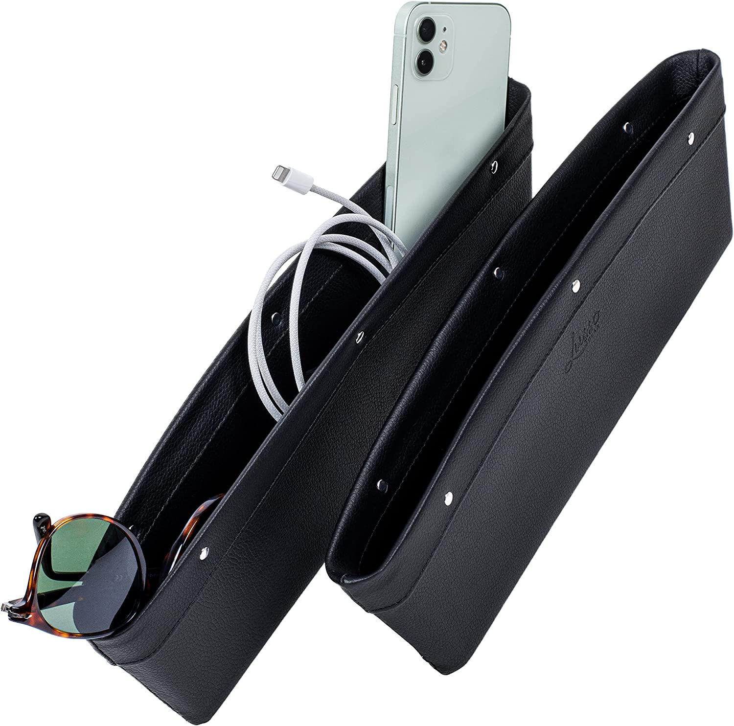 Car Seat Gap Organizer 2 Pack, Custom For Cars, Vegan Leather Car Seat Gap Filler Organizer with Universal Fit, Adjustable Gap Filler for Car for iPhone, Android, Glasses, Keys, and More - Delicate Leather