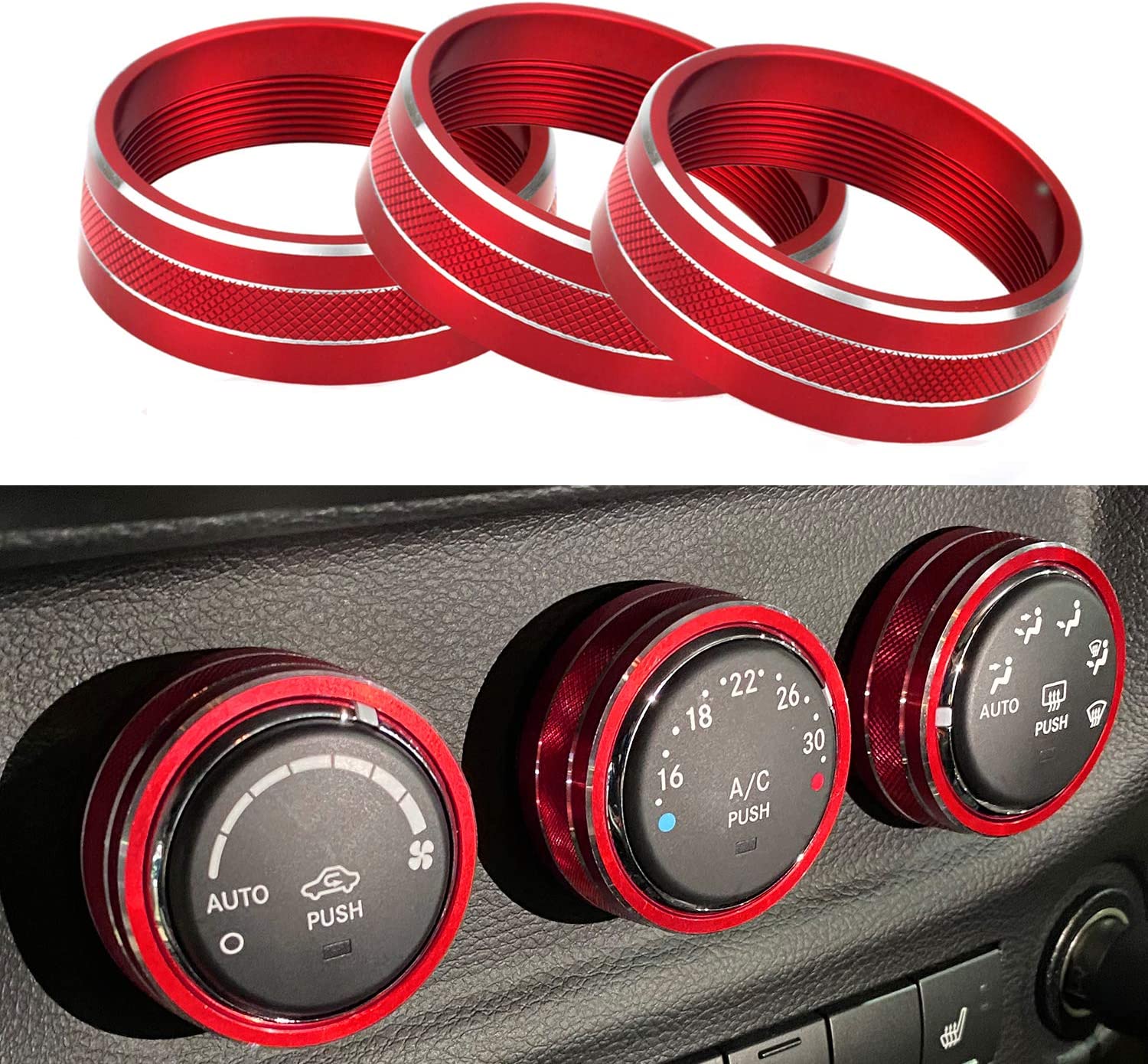 Air Conditioner Switch Volume Cover AC Climate Control Knob Ring Compatible with 2011-2018 Wrangler JK JKU/Dodge Challenger 2008-2014 (Red) - Delicate Leather
