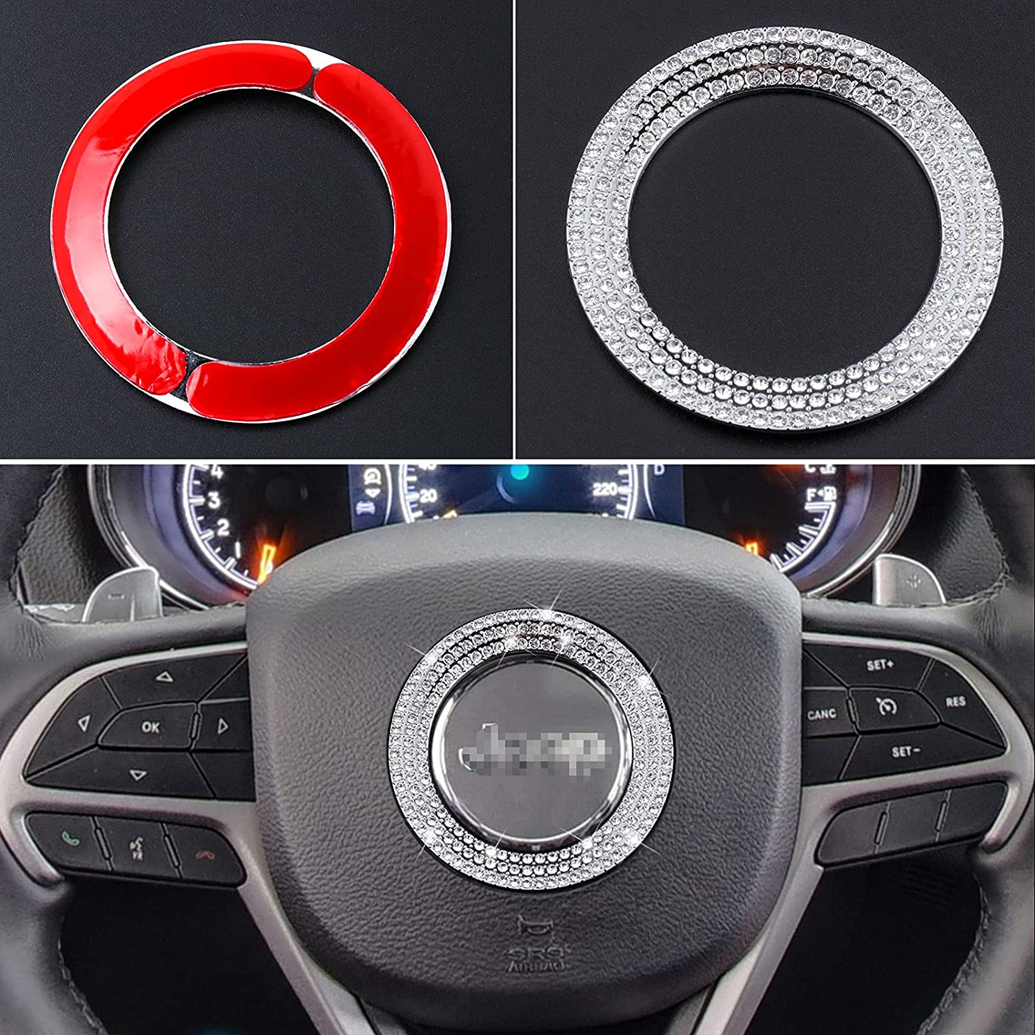 Bling Car Accessories for Women Compatible with Steering Wheel, Rhinestone Diamond Car Decorations Interior Decal Sticker Fit for Cherokee Compass Renegade Gladiator - Delicate Leather