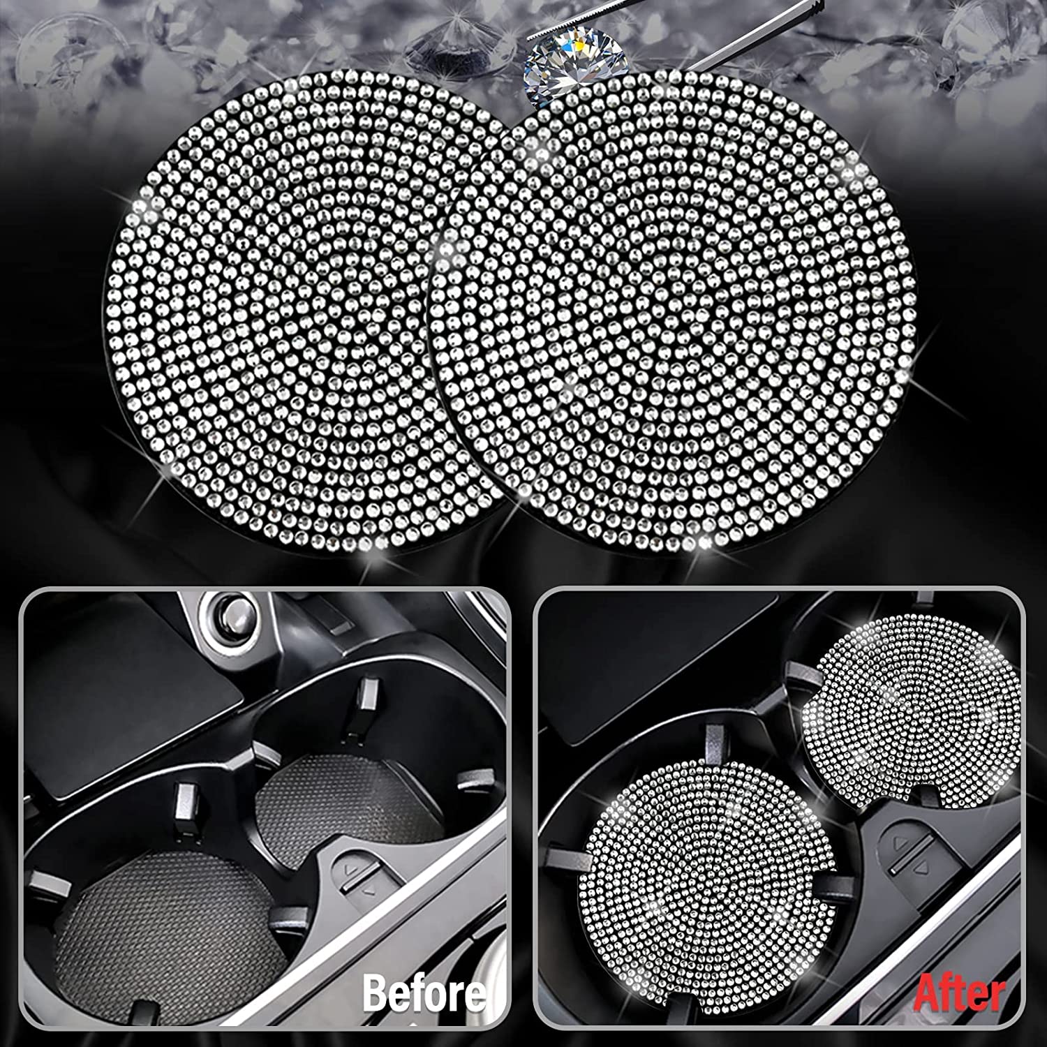 Bling Car Steering Wheel Decorative Diamond Sticker,DIY Bling Car Interior Accessories Compatible with CT4 CT5 CT6 XT4 XT5 XT6,with 2 Pack Silicone Car Coasters - Delicate Leather