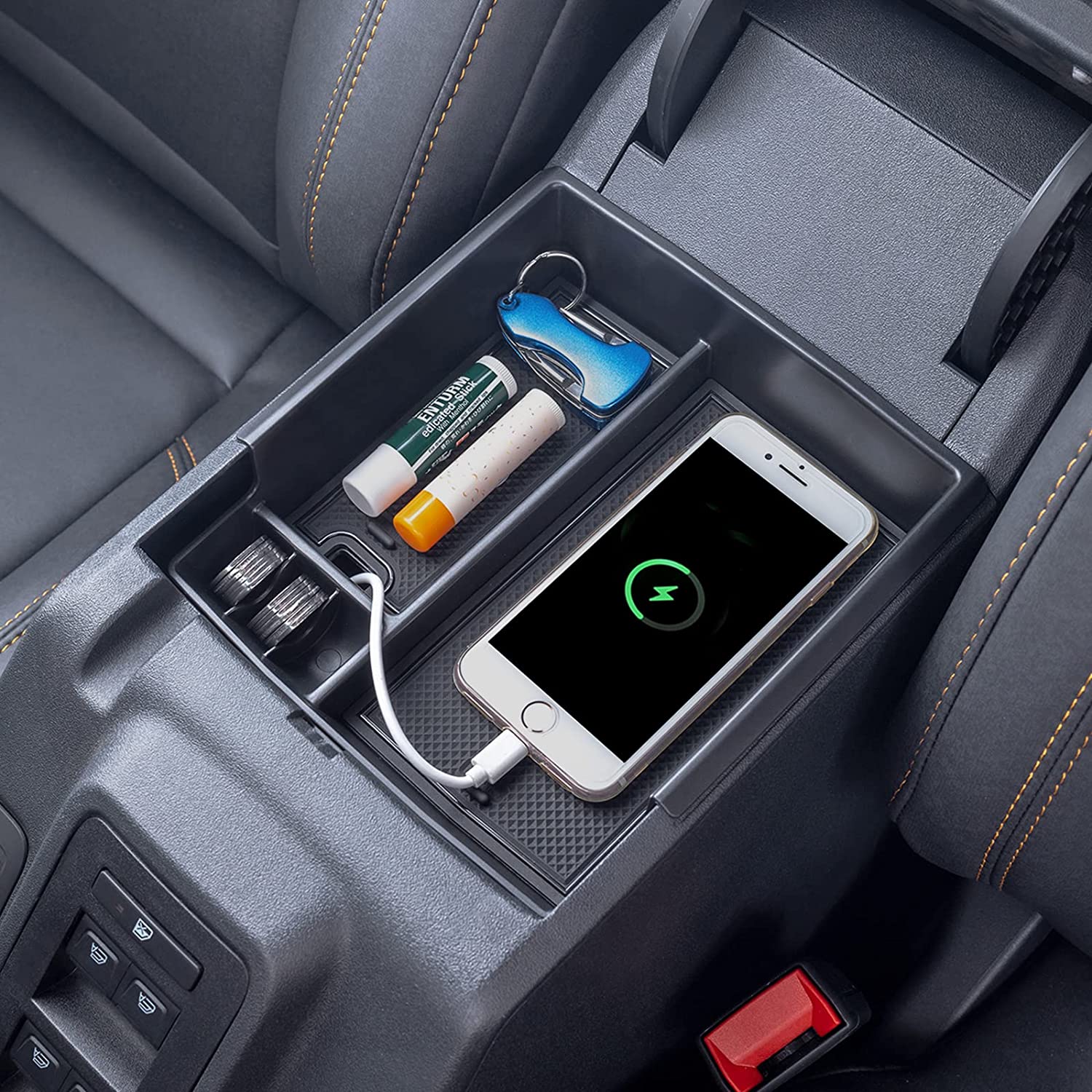 Red Center Console Tray Accessories, Full Size Armrest Storage Box Organizer ABS Plastic Black Insert (2/4 Door) - Delicate Leather