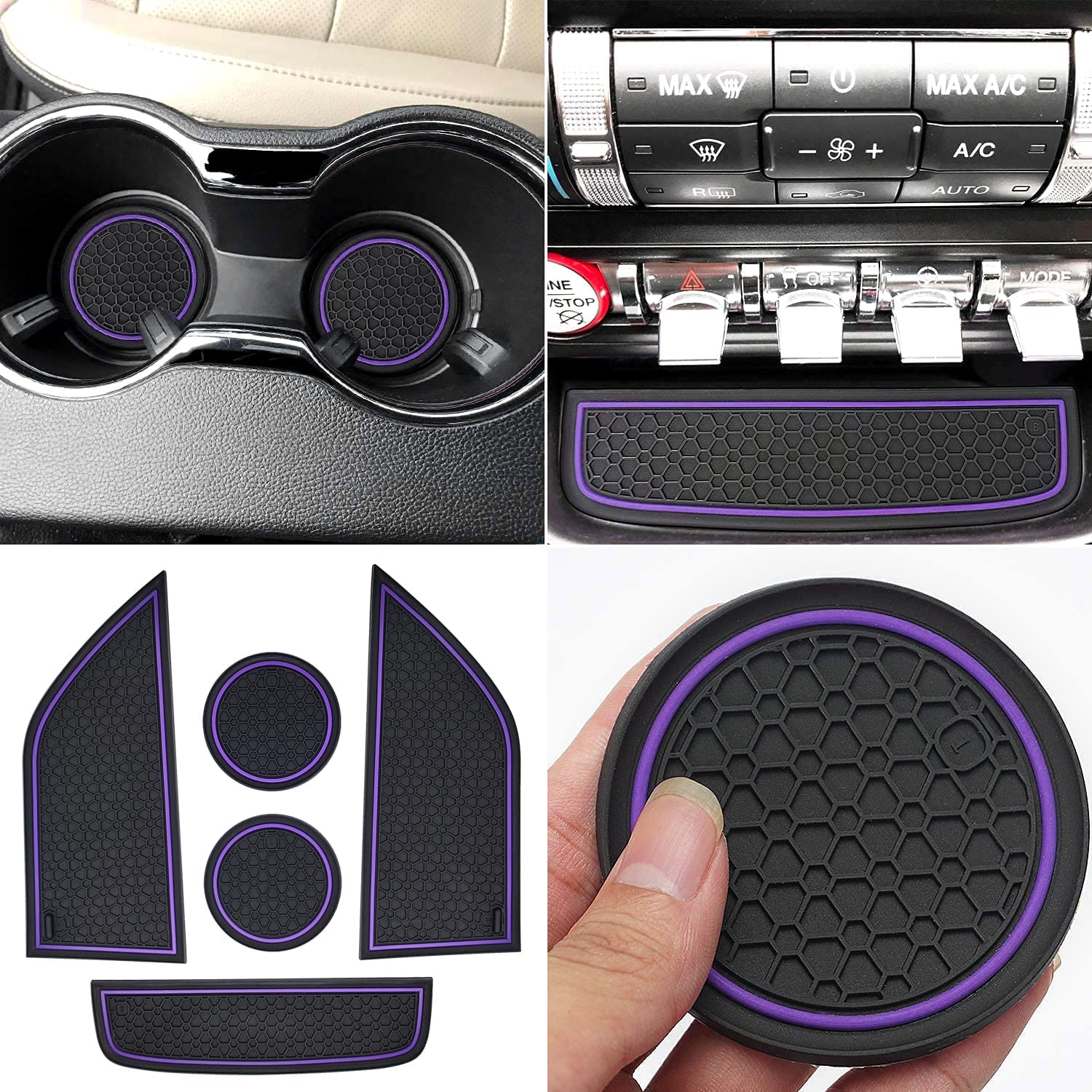 Anti Dust Mats Compatible with Mustang Accessories 2015-2022, Custom Fits Cup Holder Liners Mats Door Pocket Center Console Liners - Delicate Leather